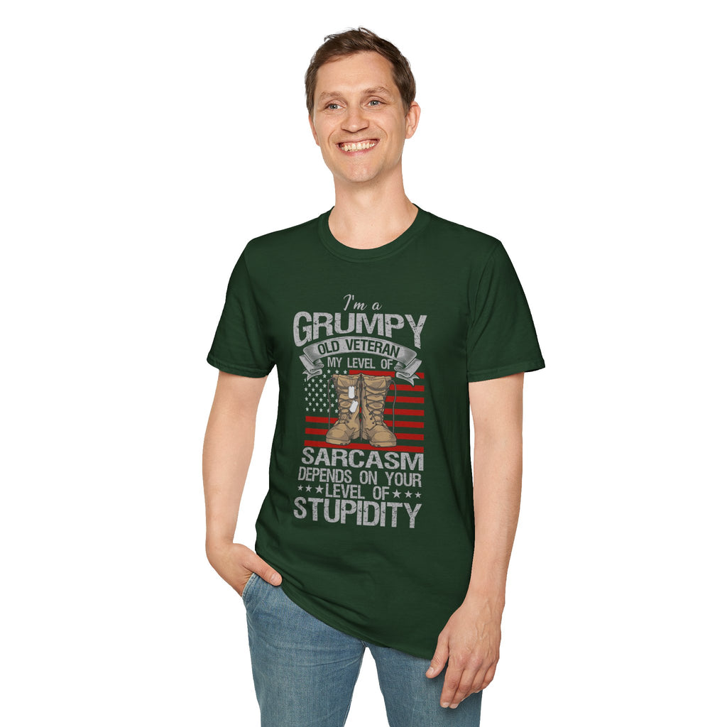 Grumpy Old Veteran Boots, T-Shirt | American Flag, Sarcasm Depends on Stupidity