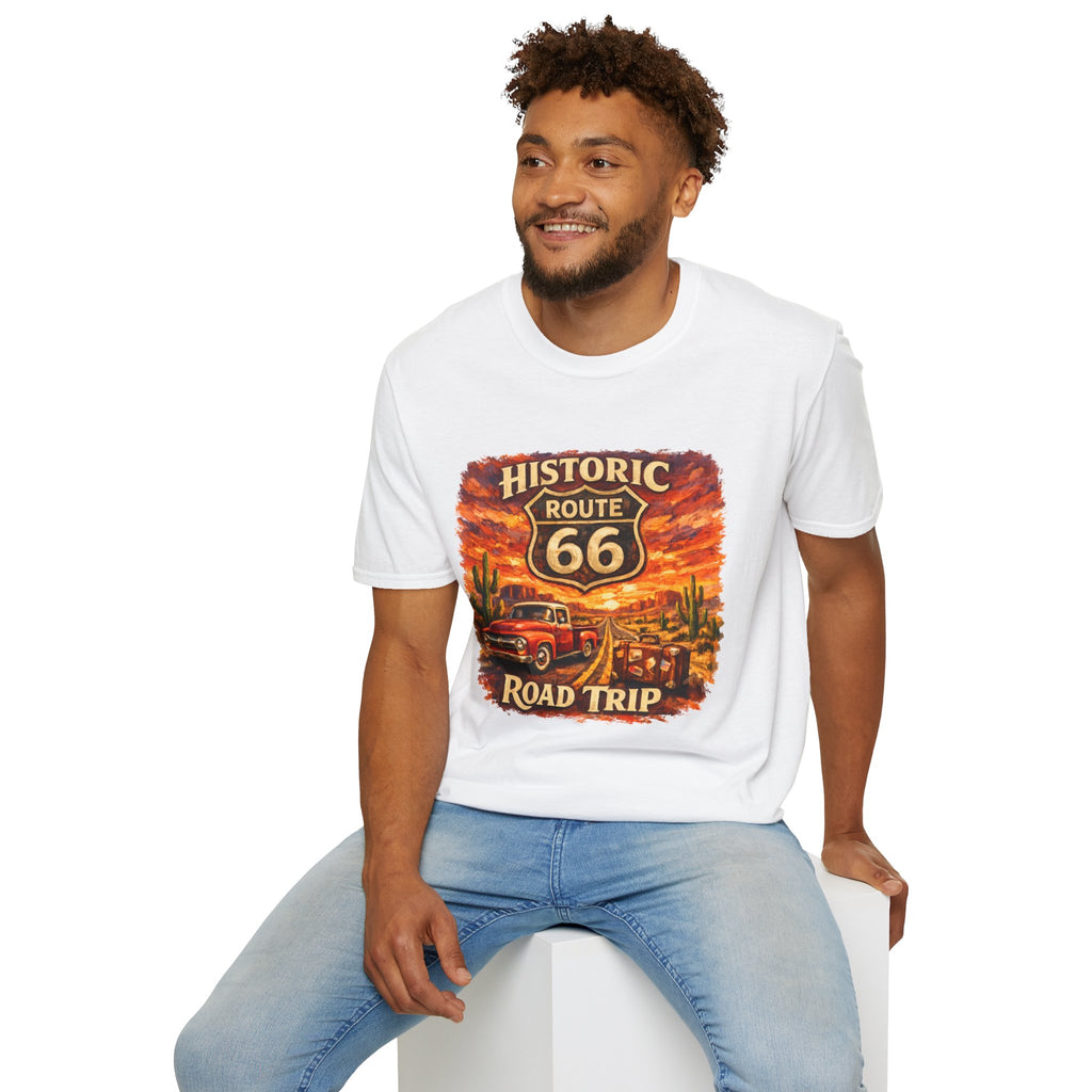 Historic Route 66 Road Trip T-Shirt | Vintage Car Desert Sunset