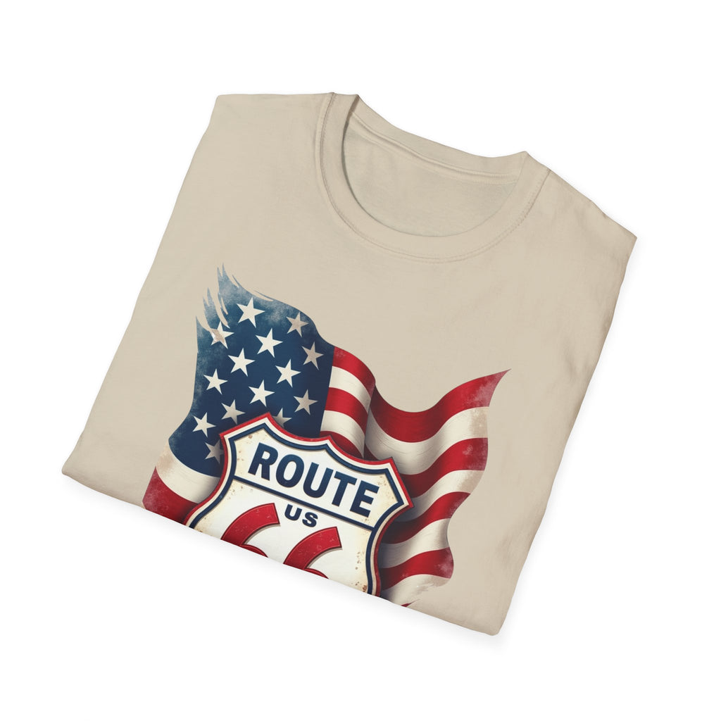 Route 66 Shield with American Flag T-Shirt | Vintage Road Trip Tee