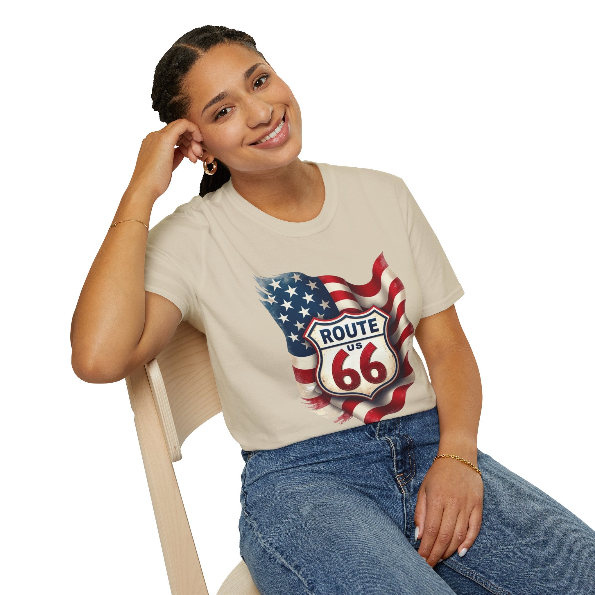 Route 66 Shield with American Flag T-Shirt | Vintage Road Trip Tee