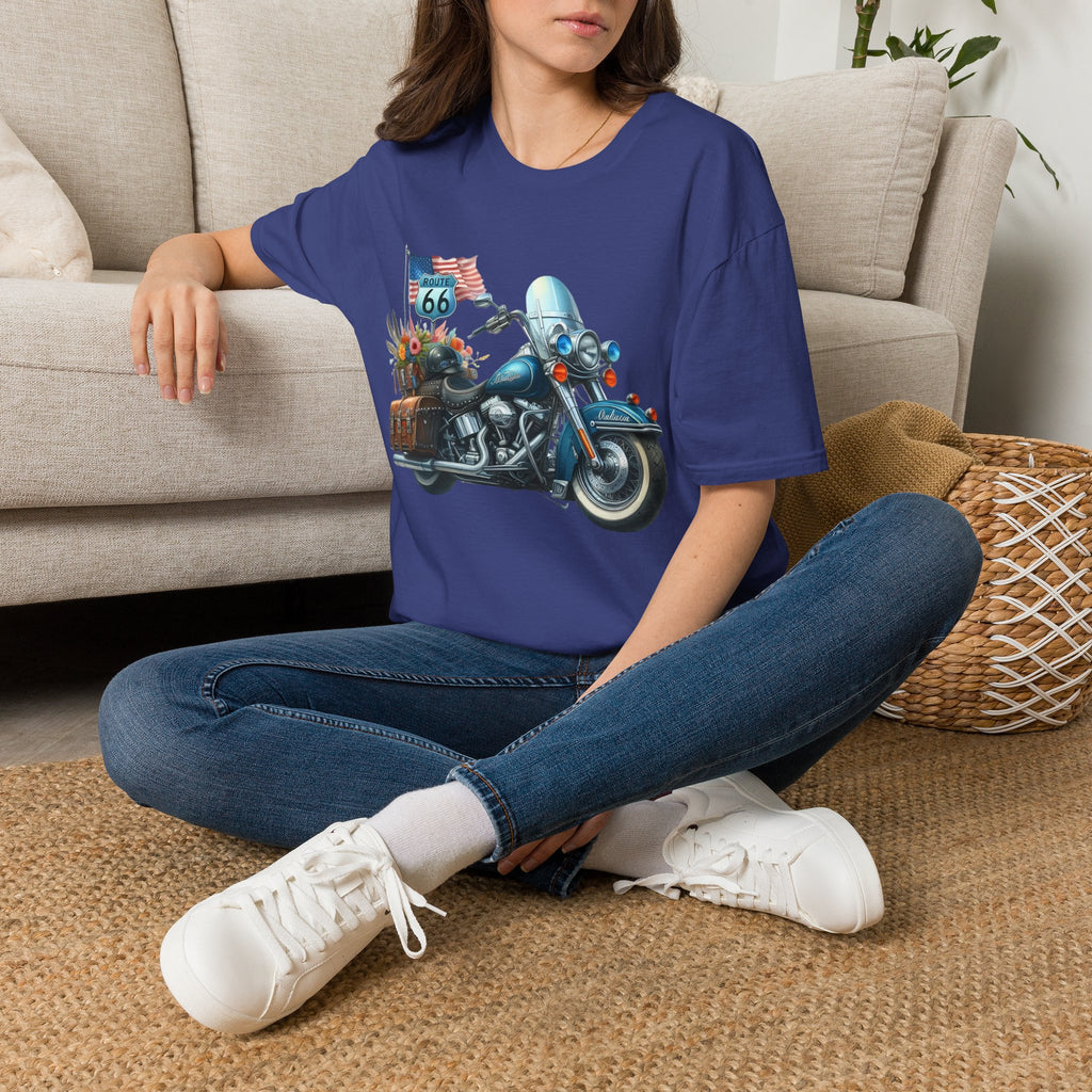 Route 66 Motorcycle Illustration T-Shirt | American Flag, Sunflowers