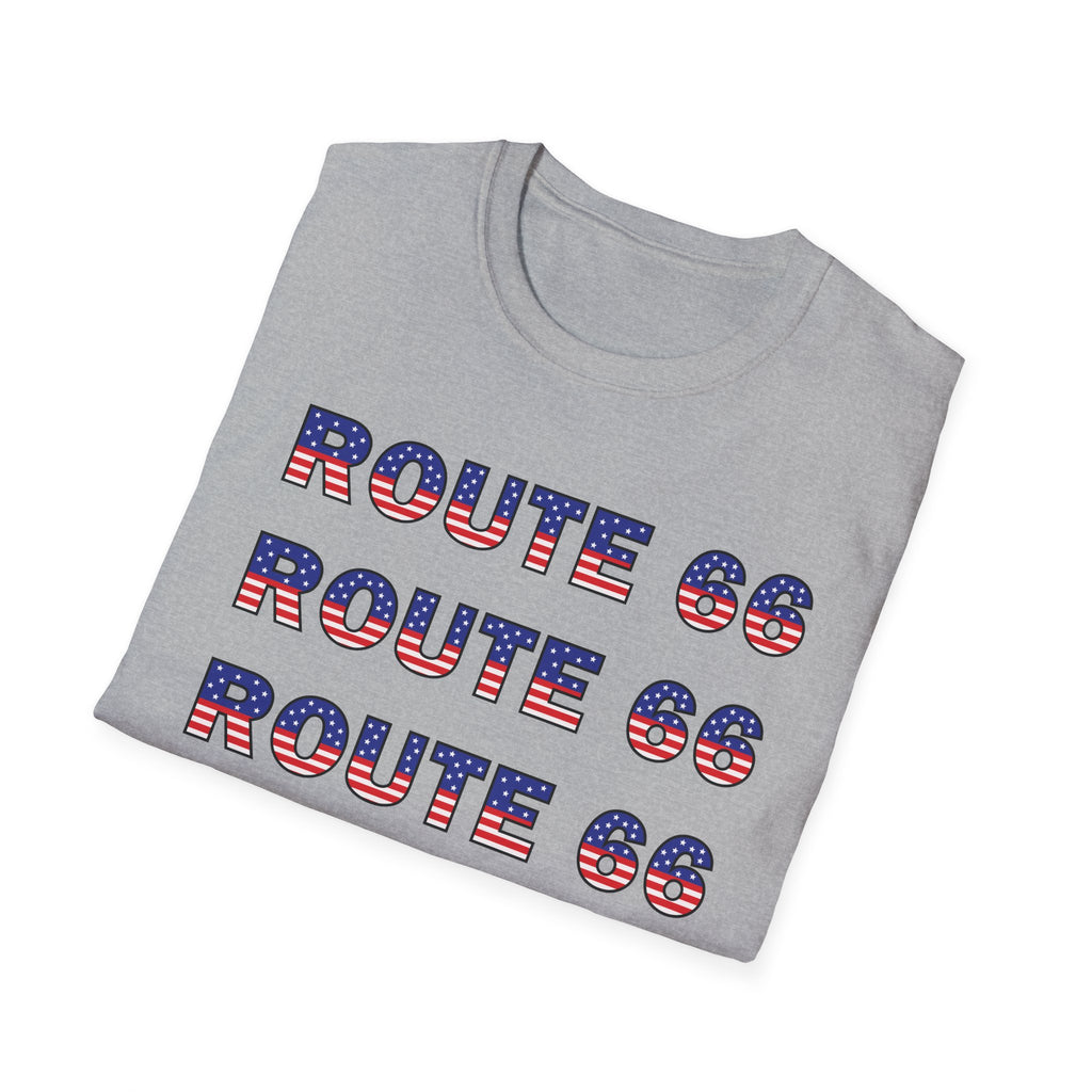 Route 66 Retro Text T-Shirt | American Flag Roadtrip Graphic