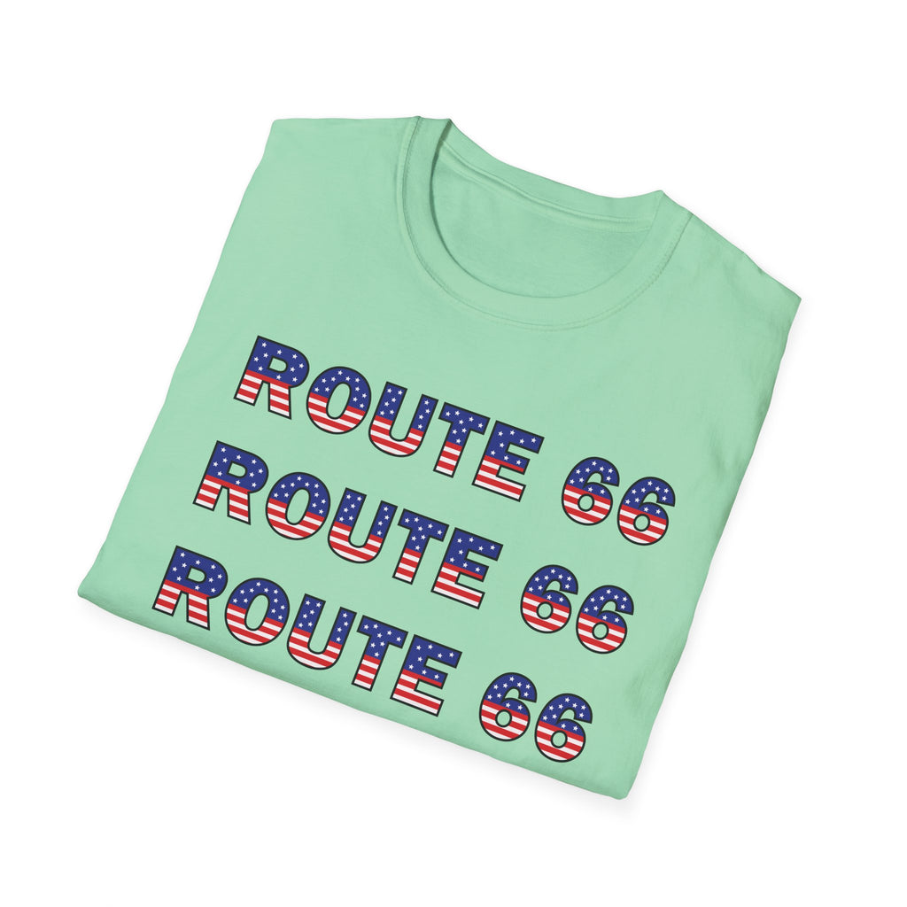 Route 66 Retro Text T-Shirt | American Flag Roadtrip Graphic