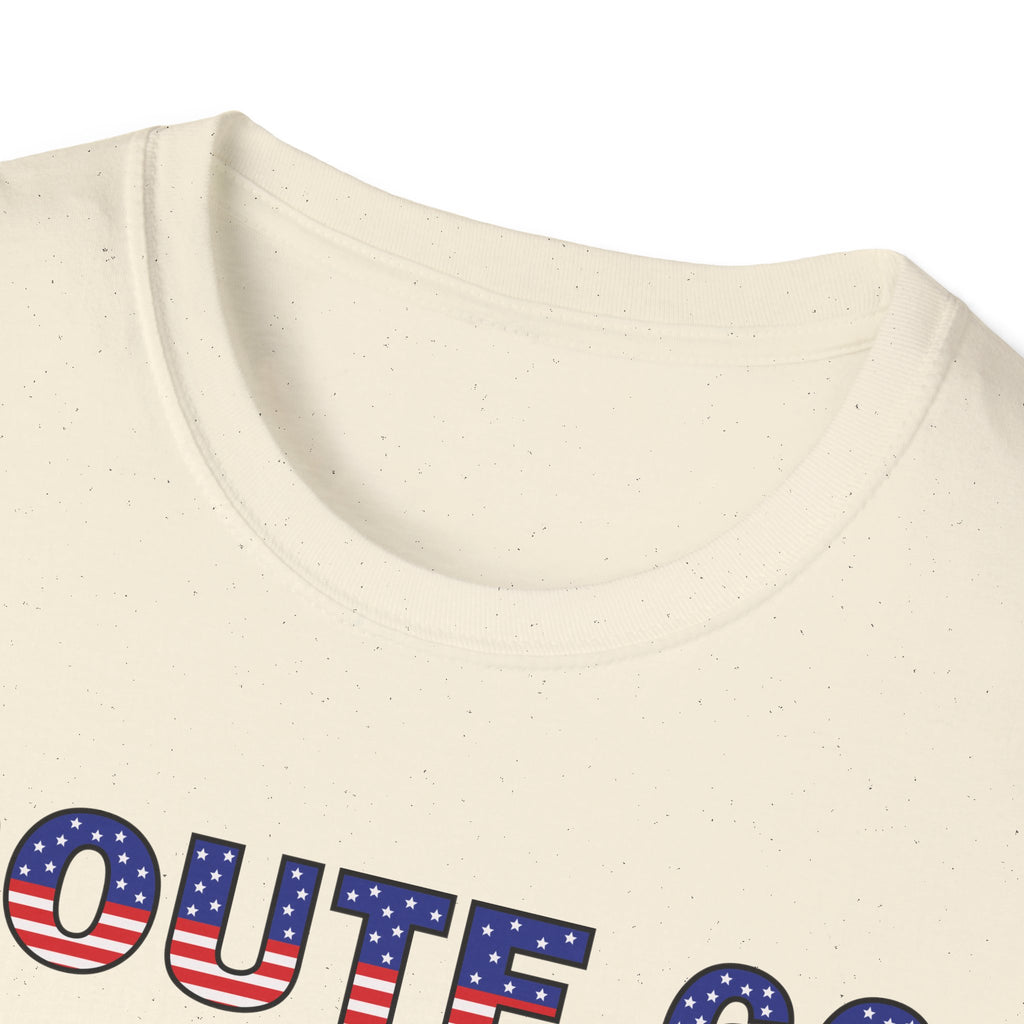 Route 66 Retro Text T-Shirt | American Flag Roadtrip Graphic