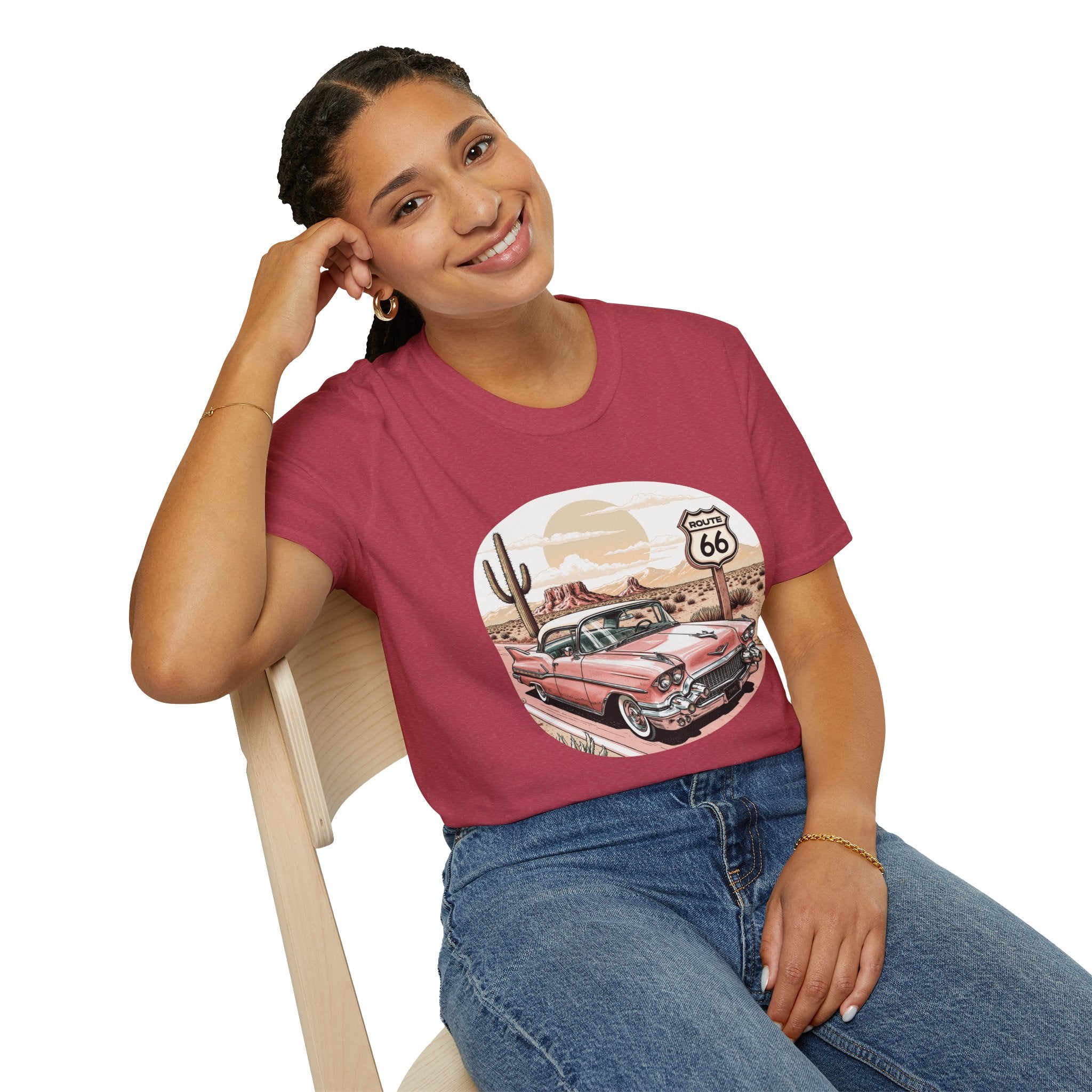 Retro Pink Classic Car Route 66 T-Shirt | Desert Cactus Vintage Roadtrip