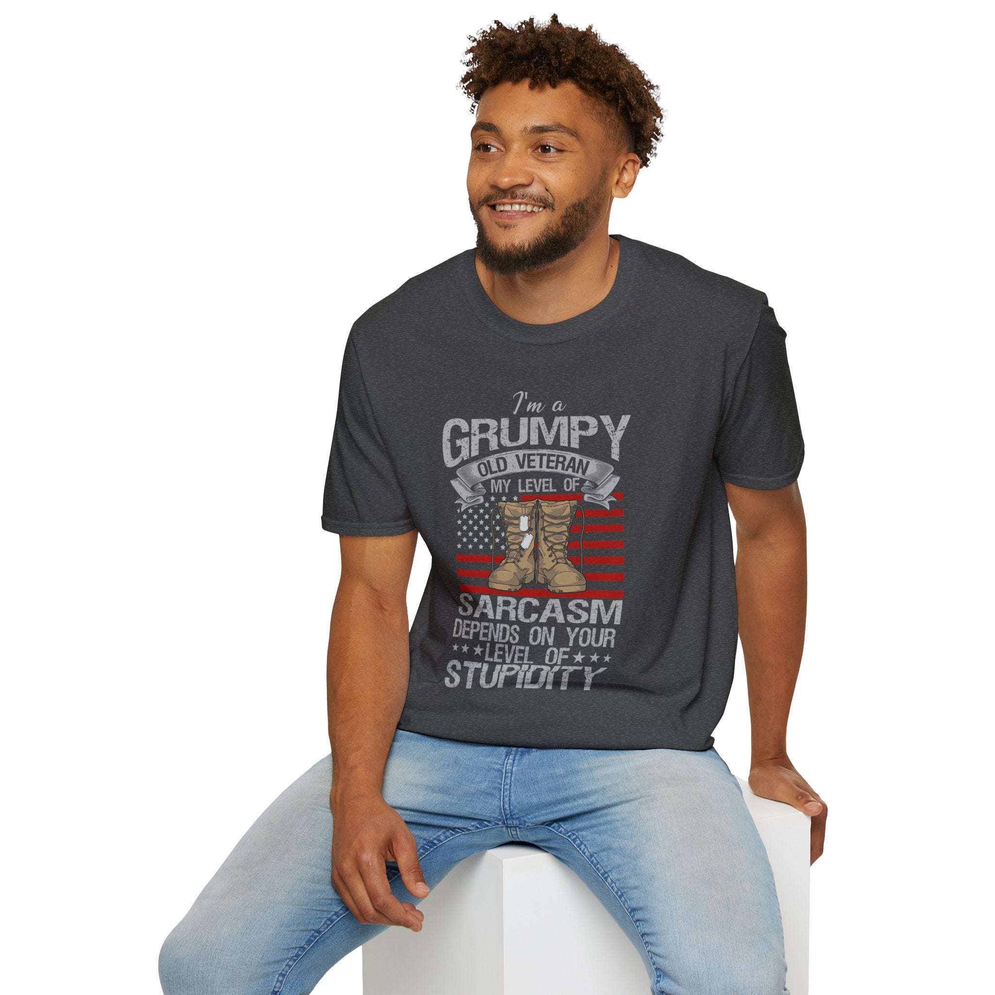 Grumpy Old Veteran Boots, T-Shirt | American Flag, Sarcasm Depends on Stupidity