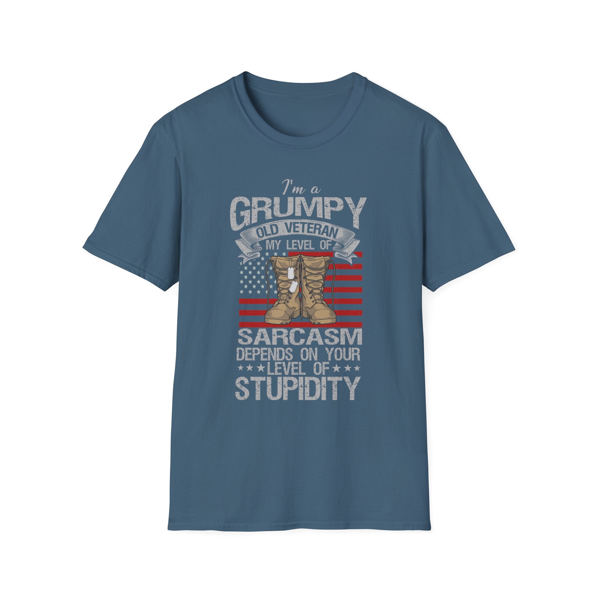 Grumpy Old Veteran Boots, T-Shirt | American Flag, Sarcasm Depends on Stupidity