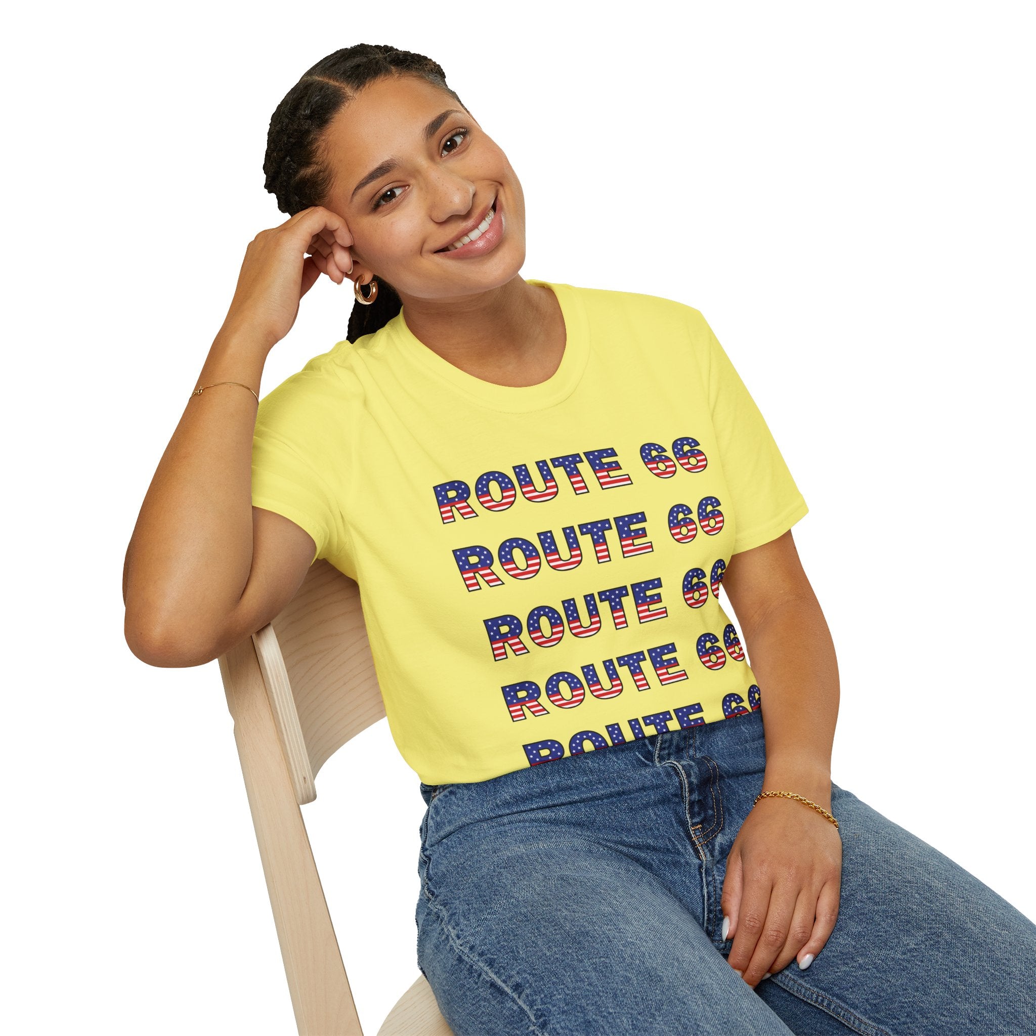 Route 66 Retro Text T-Shirt | American Flag Roadtrip Graphic