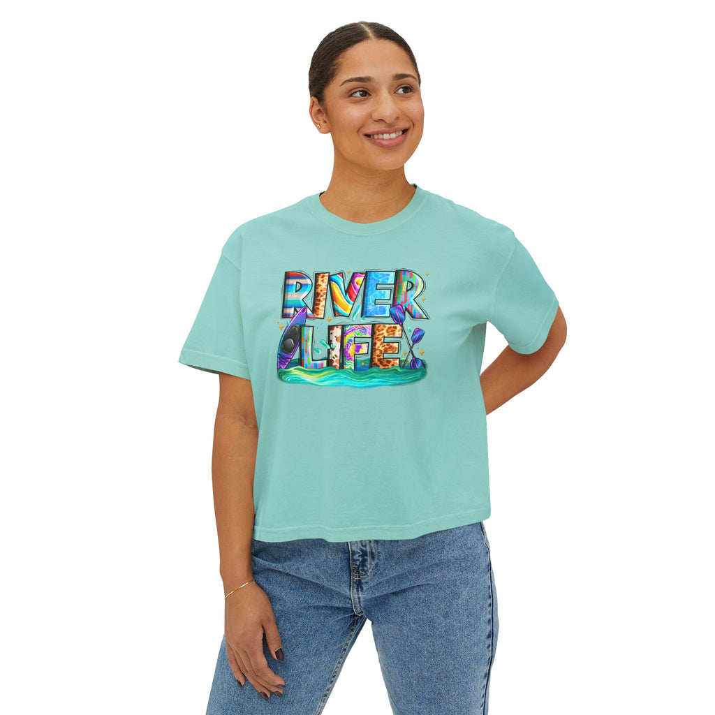 River Life boxy tee | colorful river lettering, kayak, fishing graphics