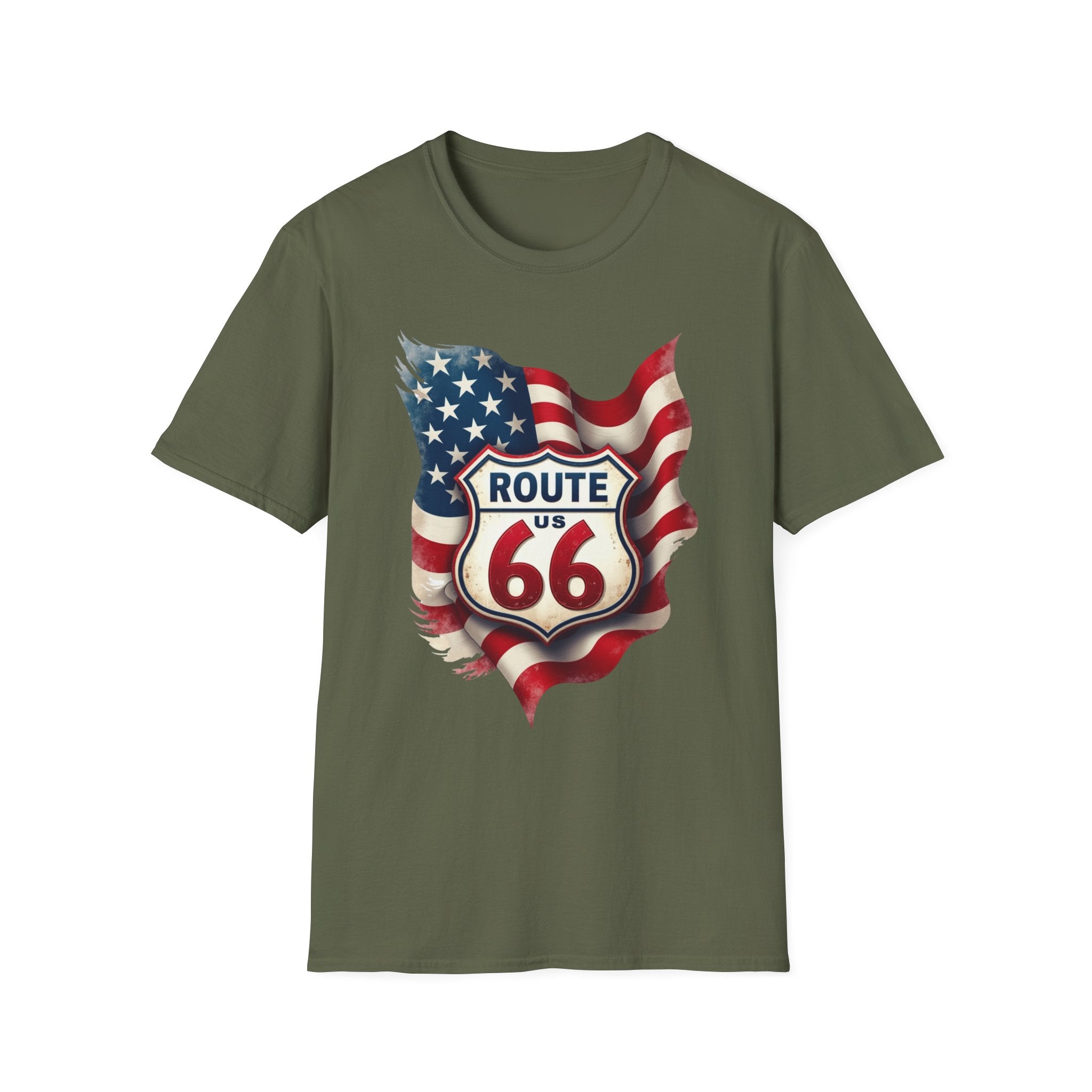 Route 66 Shield with American Flag T-Shirt | Vintage Road Trip Tee