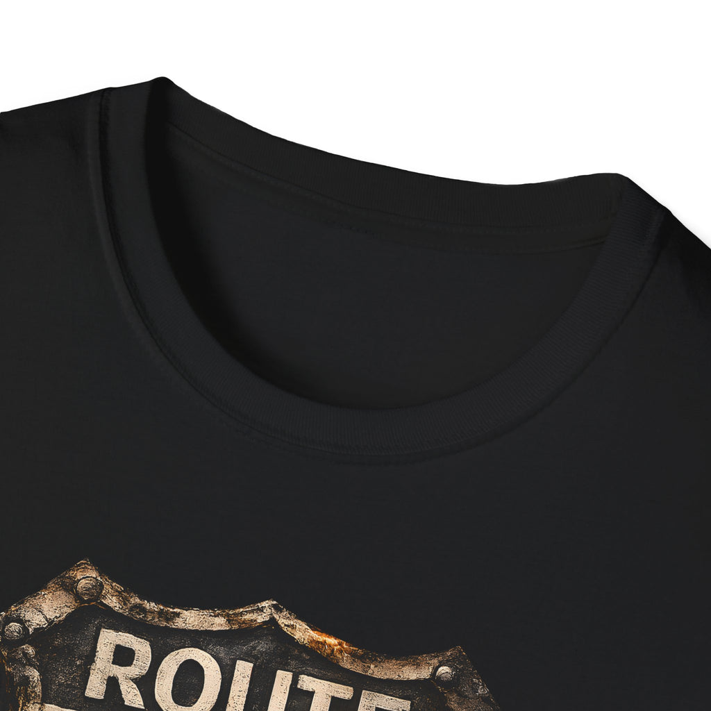 Route 66 Skull Badge T-Shirt | Ride the Legend, Winged Helmet Motorcycle Design