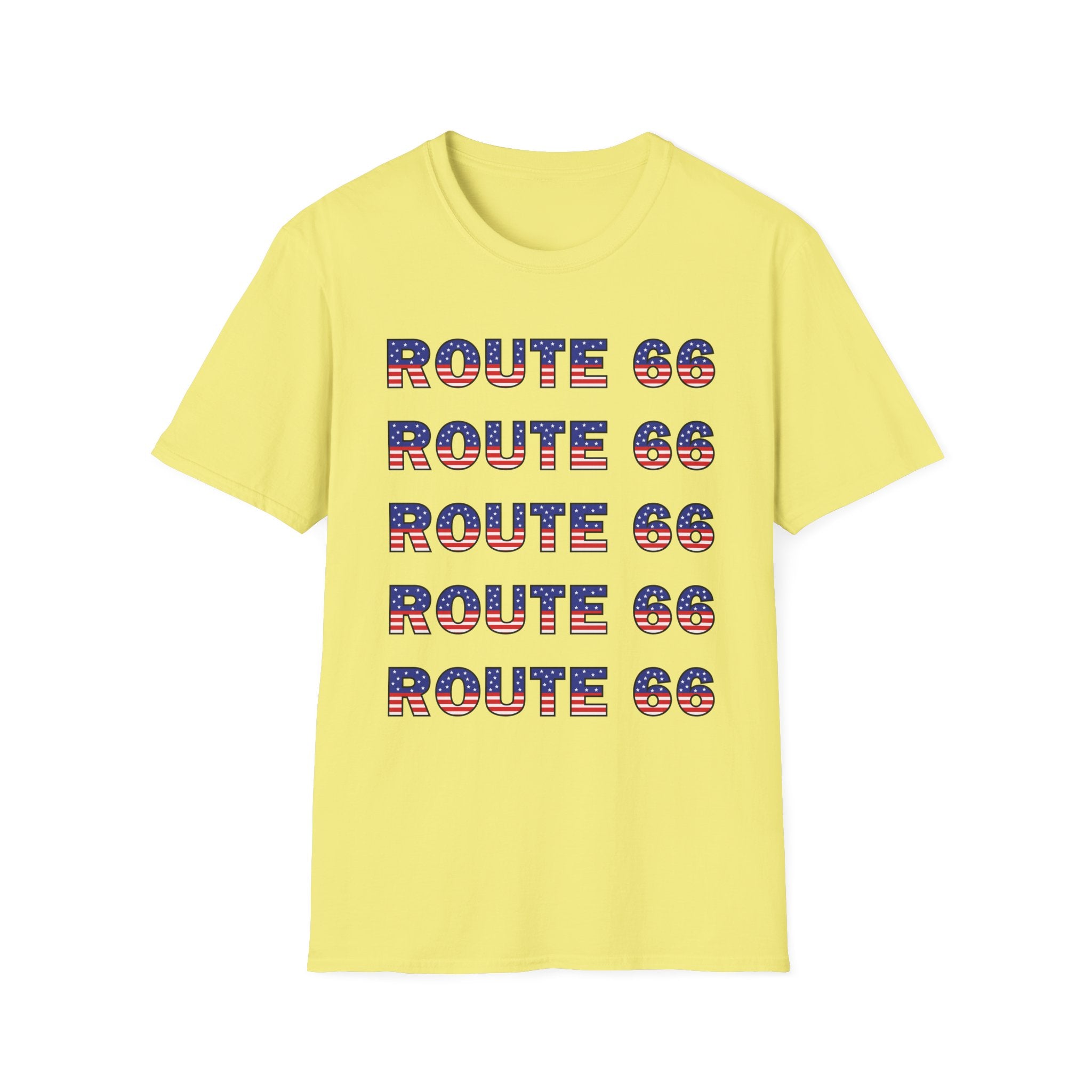 Route 66 Retro Text T-Shirt | American Flag Roadtrip Graphic