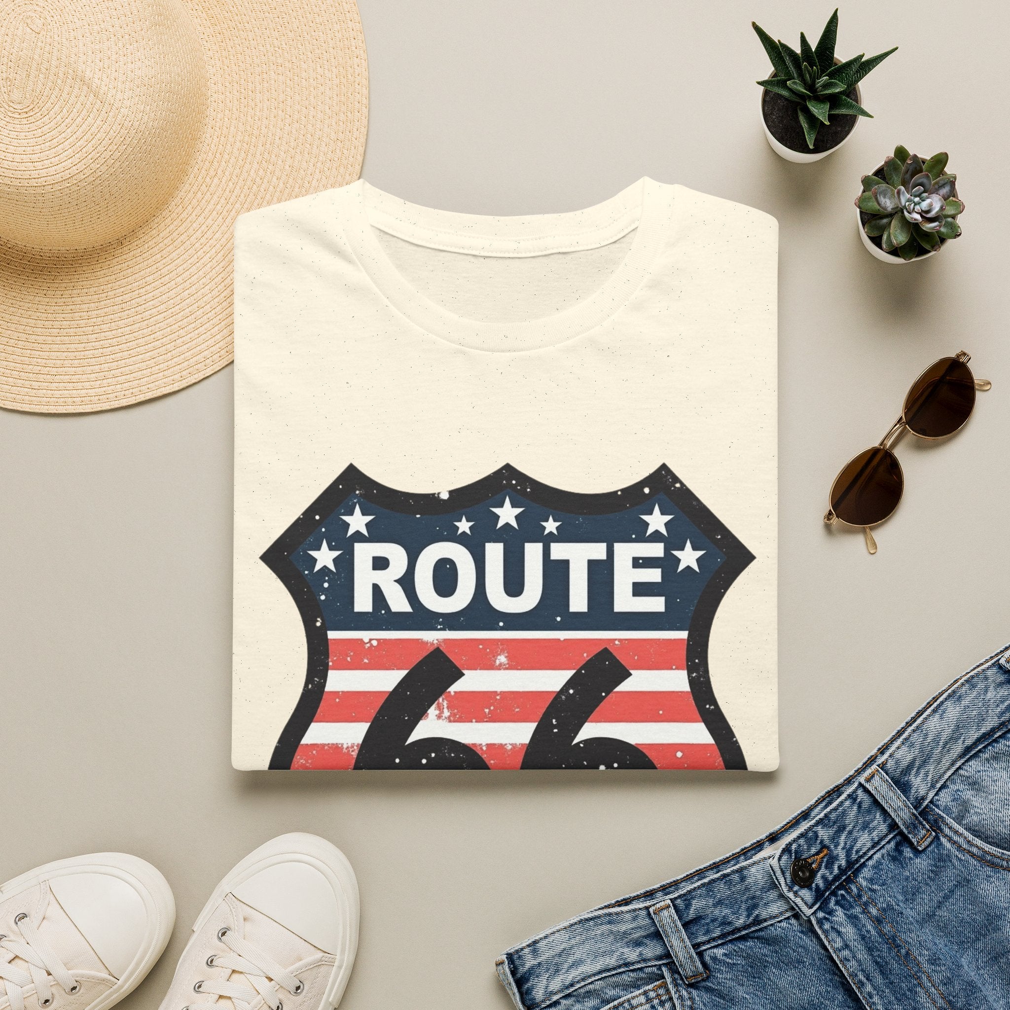 Route 66 Shield T-Shirt | American Flag Vintage Road Sign