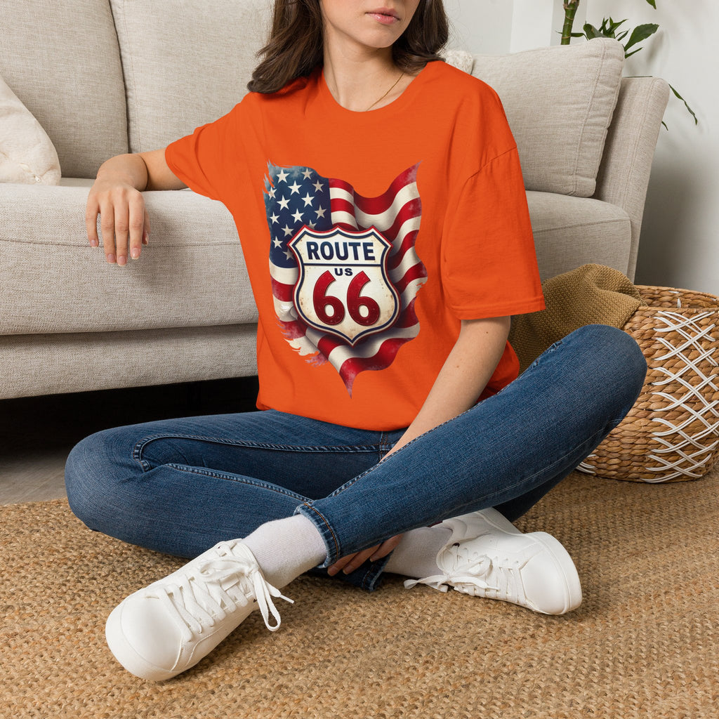 Route 66 Shield with American Flag T-Shirt | Vintage Road Trip Tee