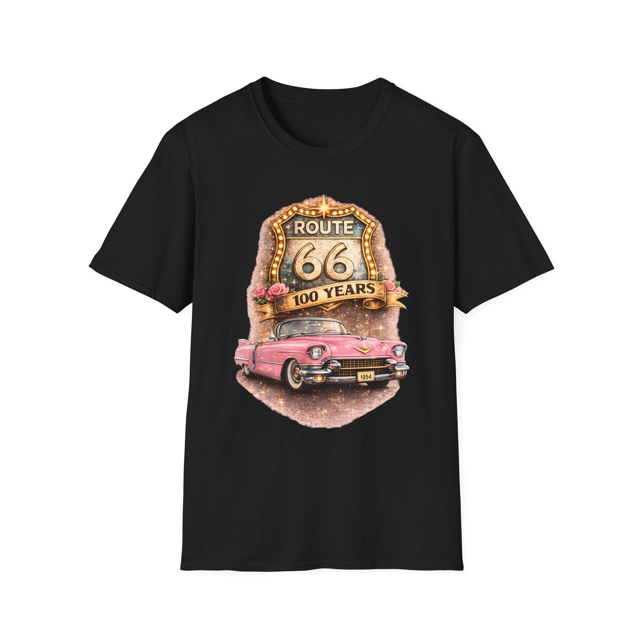 Route 66 100 Years Pink Classic Car T-Shirt | Vintage Road Trip Tee
