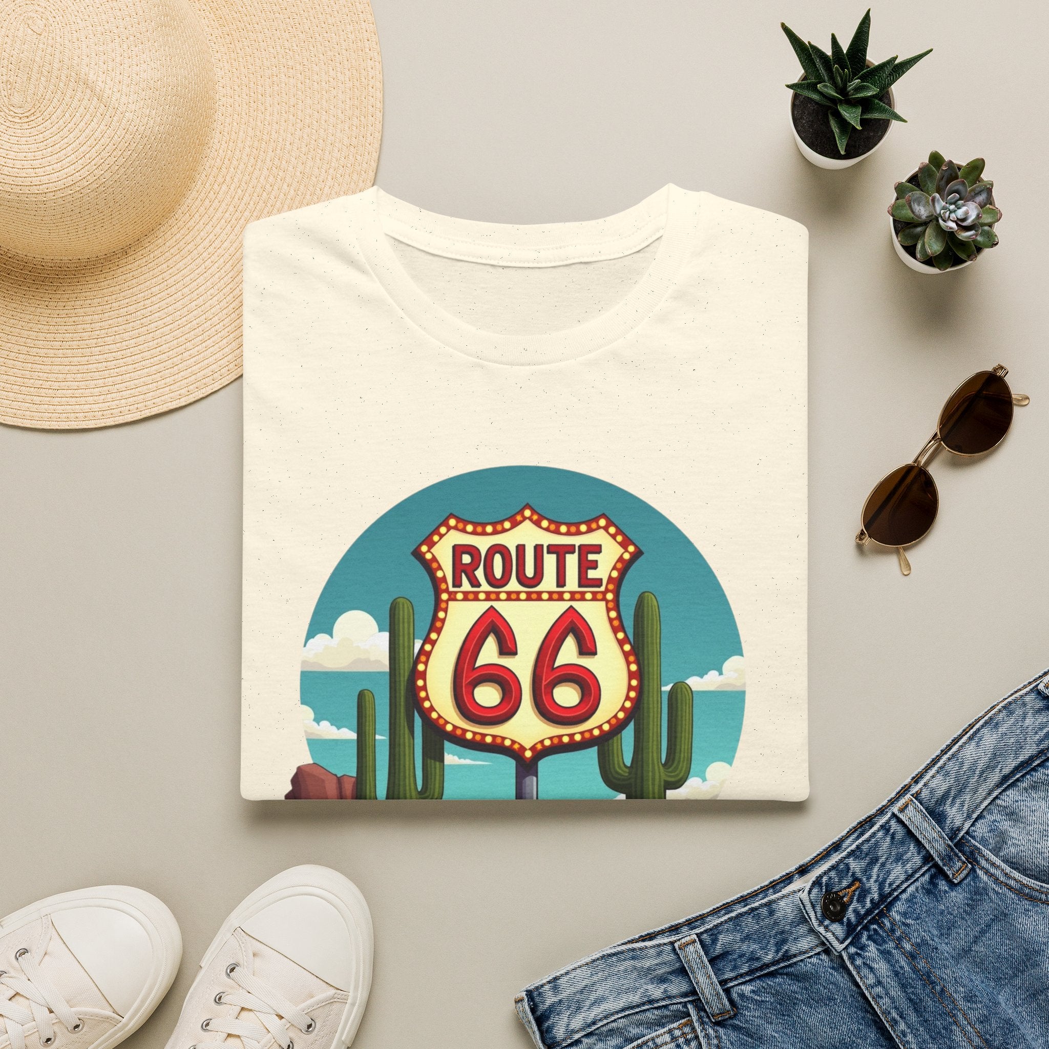 Route 66 Classic Car T-Shirt | Retro Desert Road Sign, Vintage Convertible