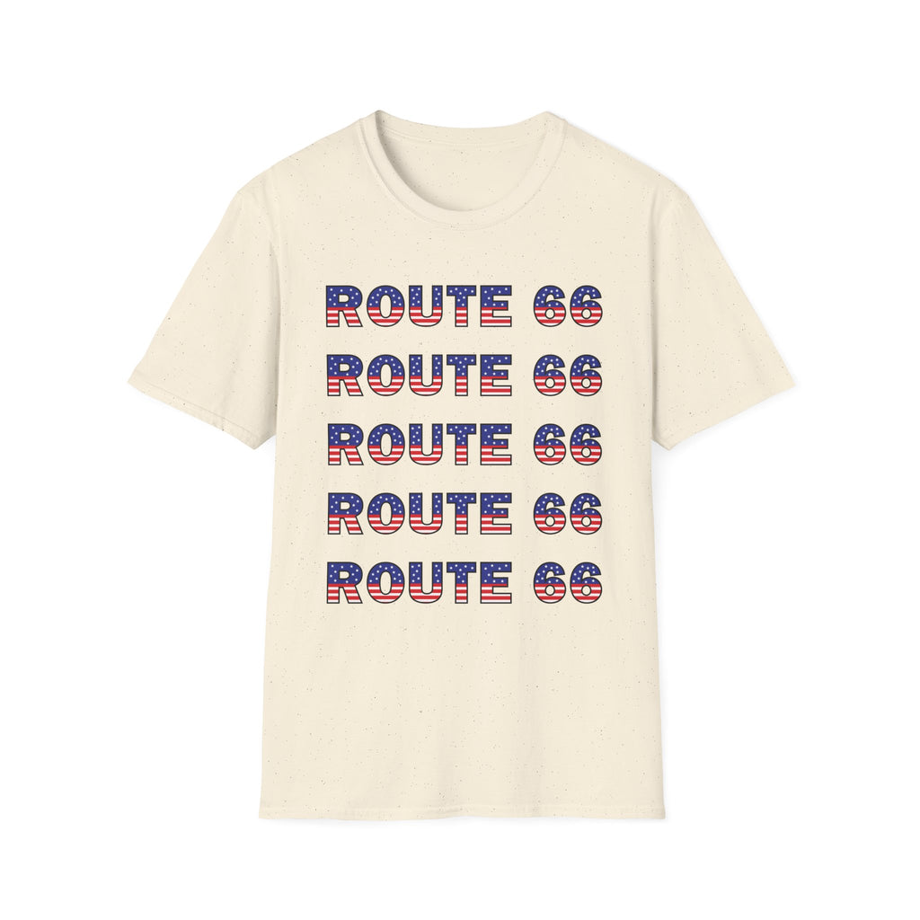 Route 66 Retro Text T-Shirt | American Flag Roadtrip Graphic