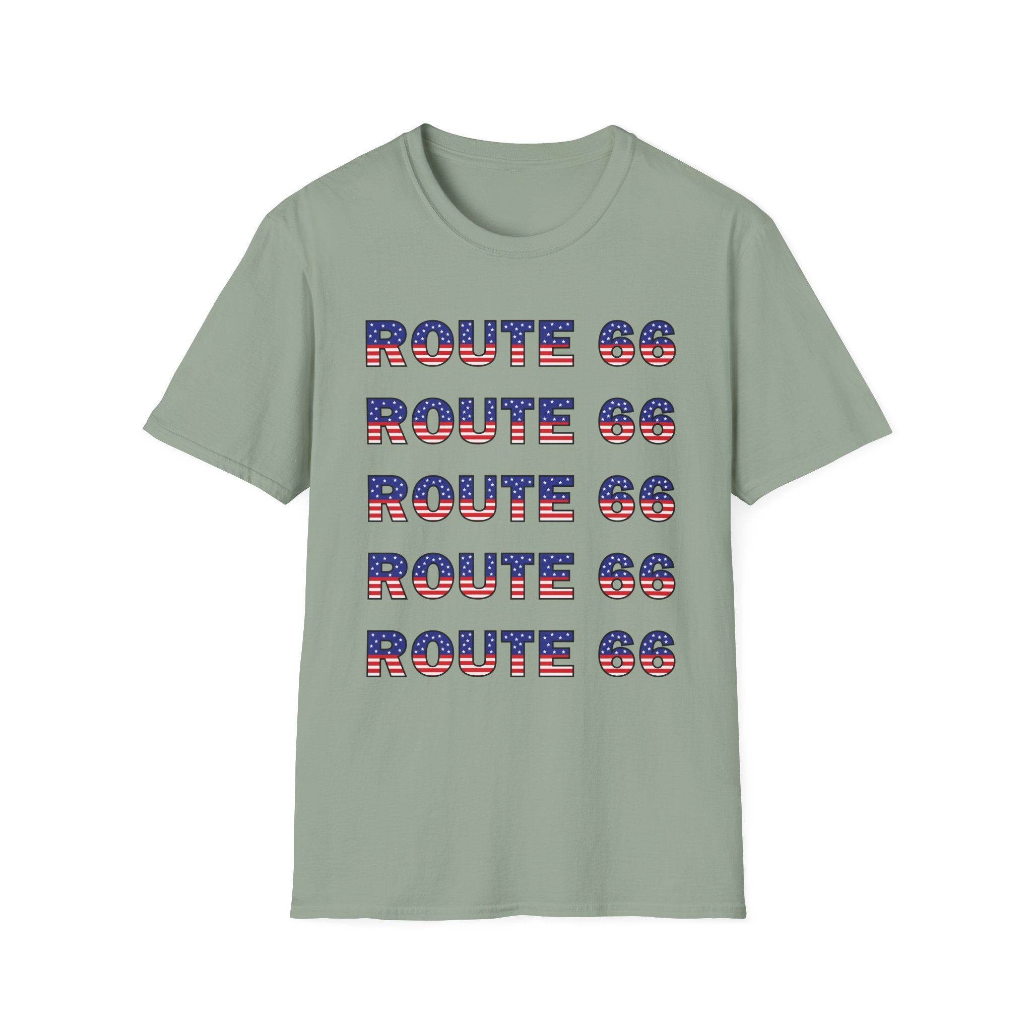 Route 66 Retro Text T-Shirt | American Flag Roadtrip Graphic