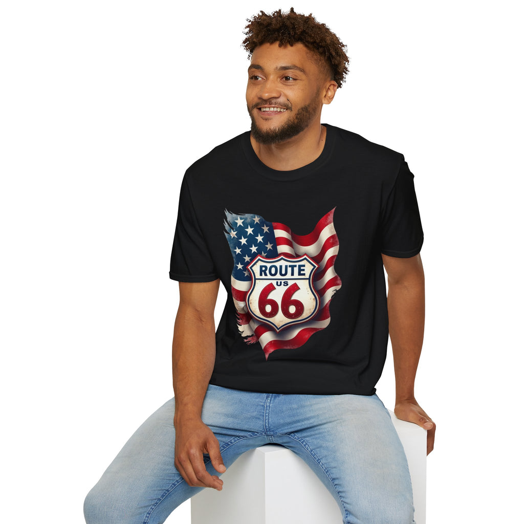 Route 66 Shield with American Flag T-Shirt | Vintage Road Trip Tee