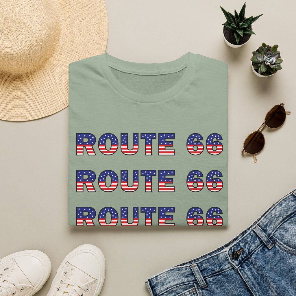 Route 66 Retro Text T-Shirt | American Flag Roadtrip Graphic