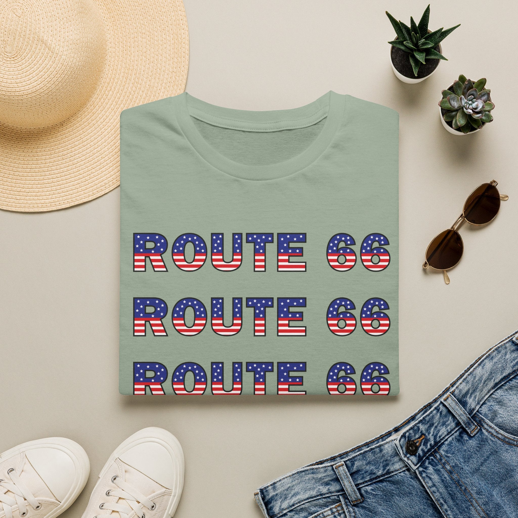 Route 66 Retro Text T-Shirt | American Flag Roadtrip Graphic