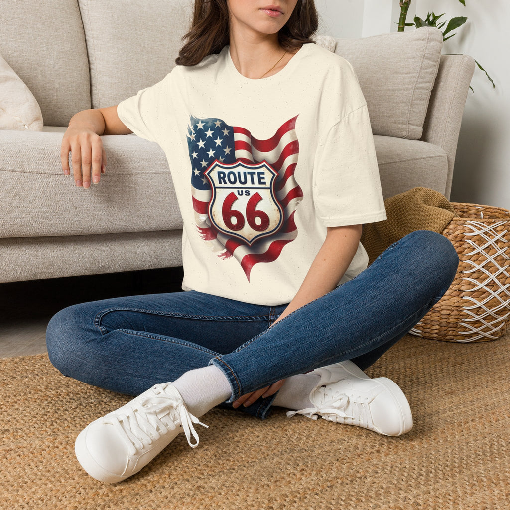 Route 66 Shield with American Flag T-Shirt | Vintage Road Trip Tee