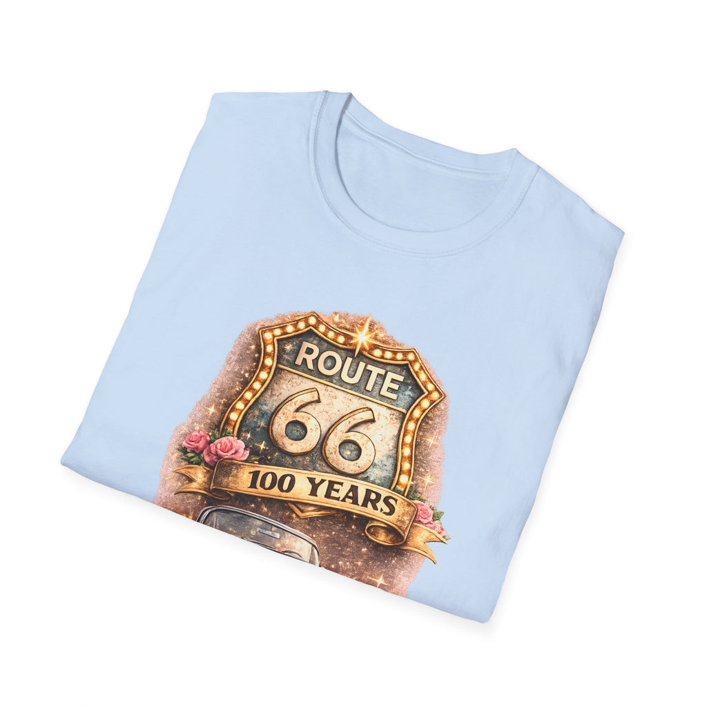 Route 66 100 Years Pink Classic Car T-Shirt | Vintage Road Trip Tee