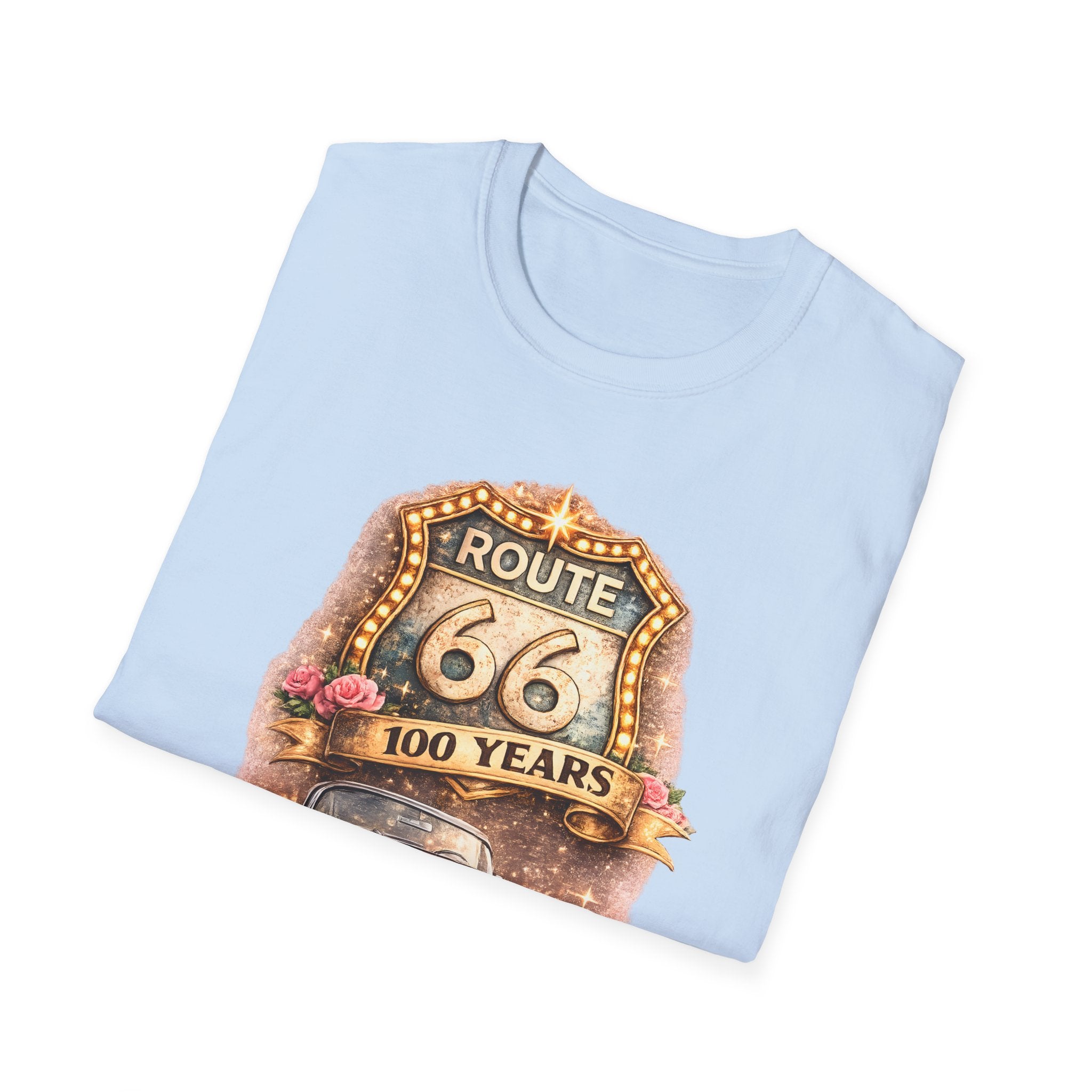 Route 66 100 Years Pink Classic Car T-Shirt | Vintage Road Trip Tee