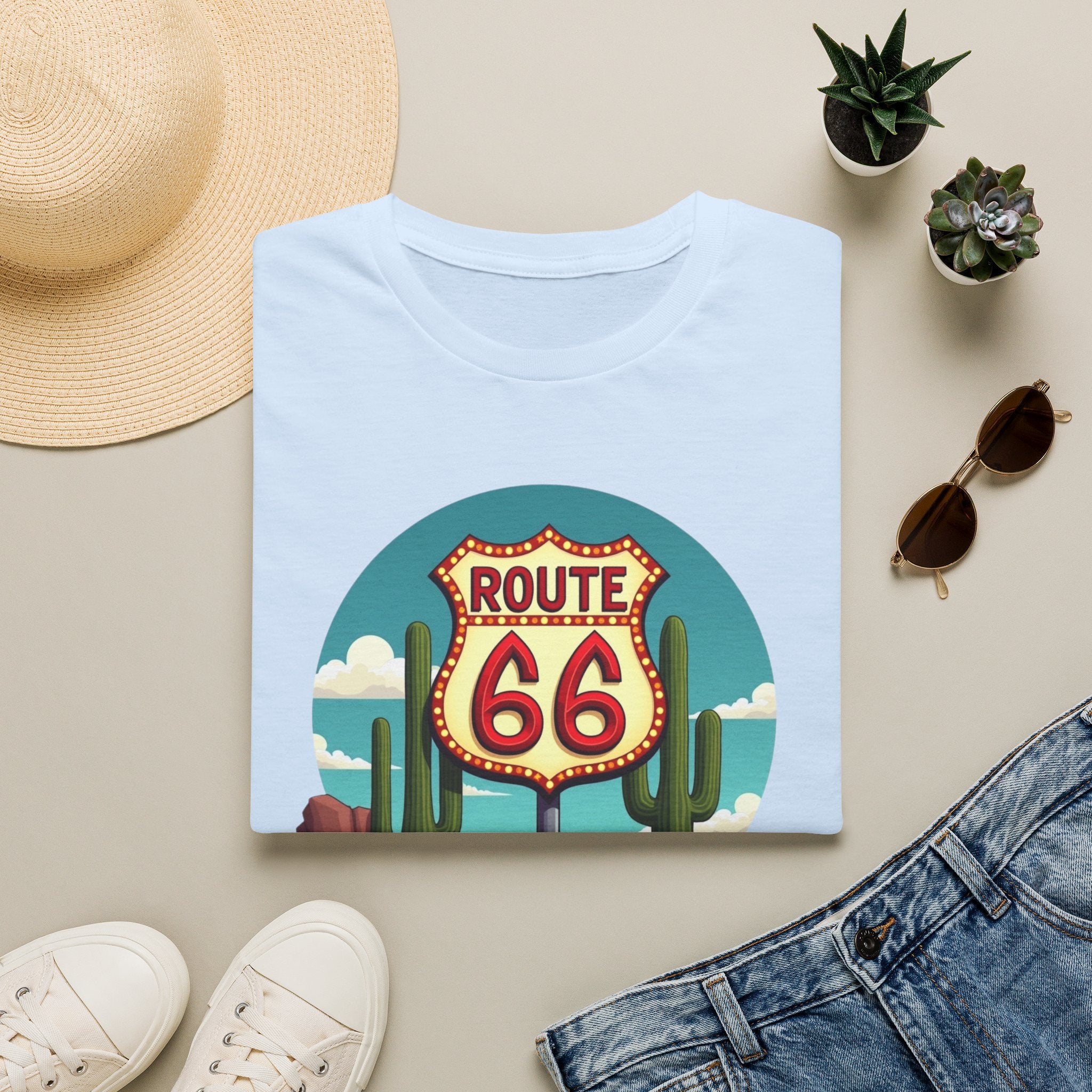 Route 66 Classic Car T-Shirt | Retro Desert Road Sign, Vintage Convertible
