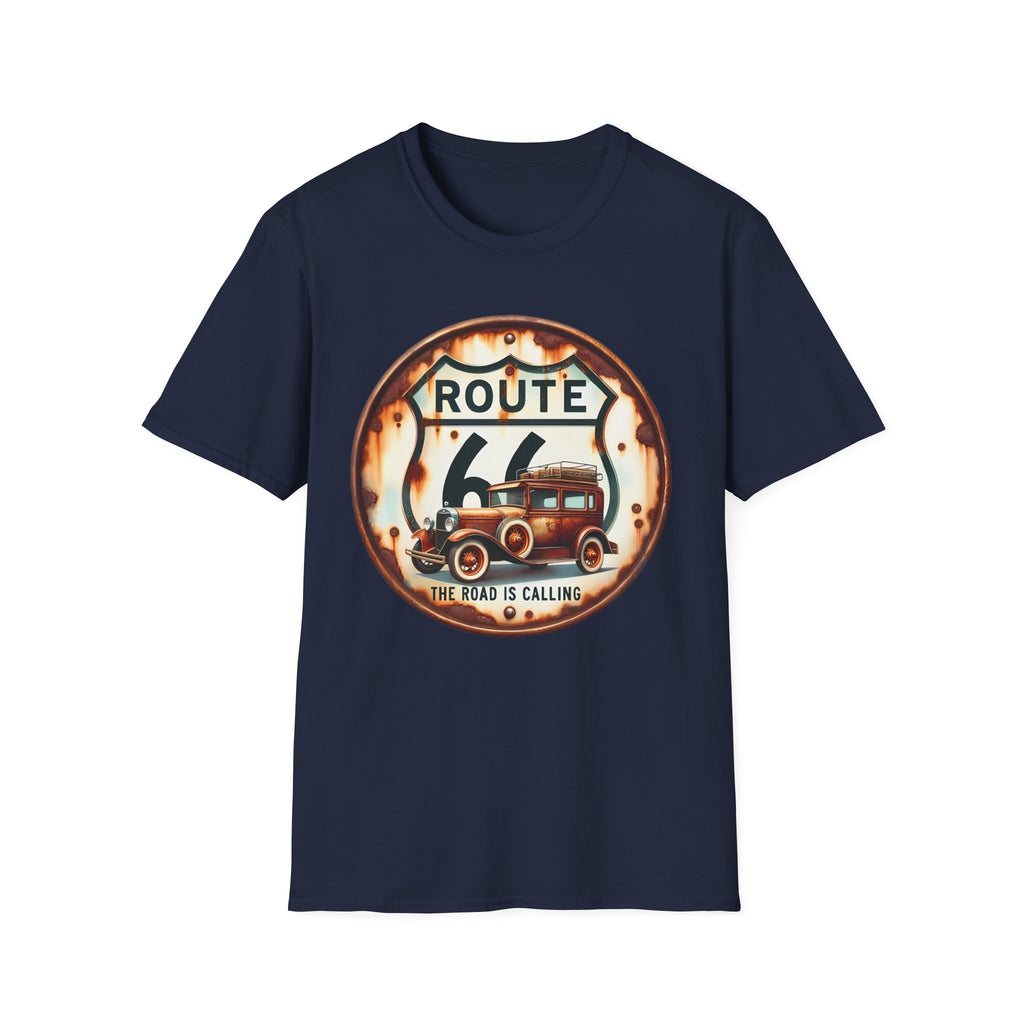 Route 66 Vintage Woodie Car T-Shirt | Road Trip Retro Sign, 'The Road Is Calling'