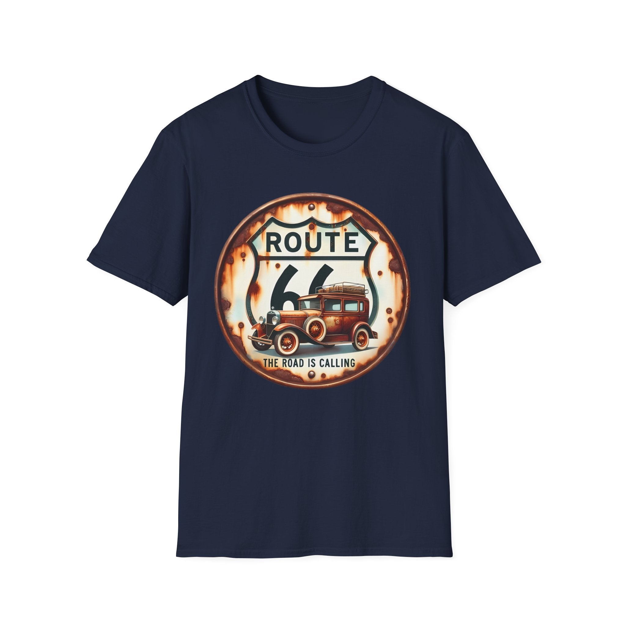 Route 66 Vintage Woodie Car T-Shirt | Road Trip Retro Sign, 'The Road Is Calling'