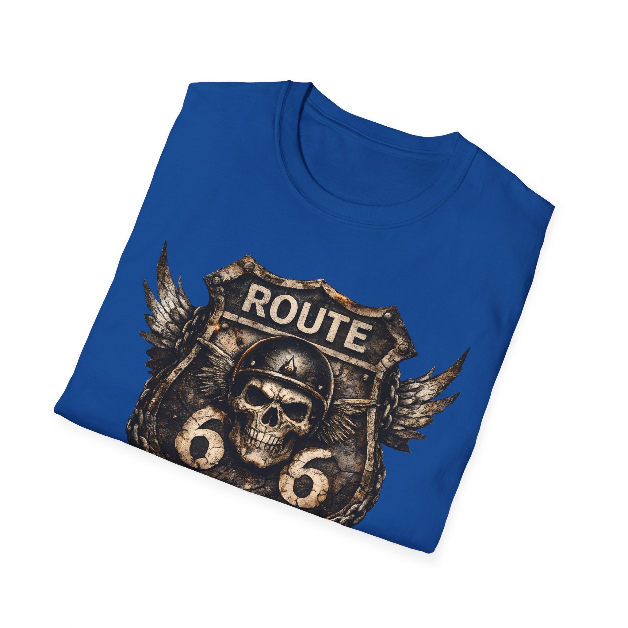 Route 66 Skull Badge T-Shirt | Ride the Legend, Winged Helmet Motorcycle Design