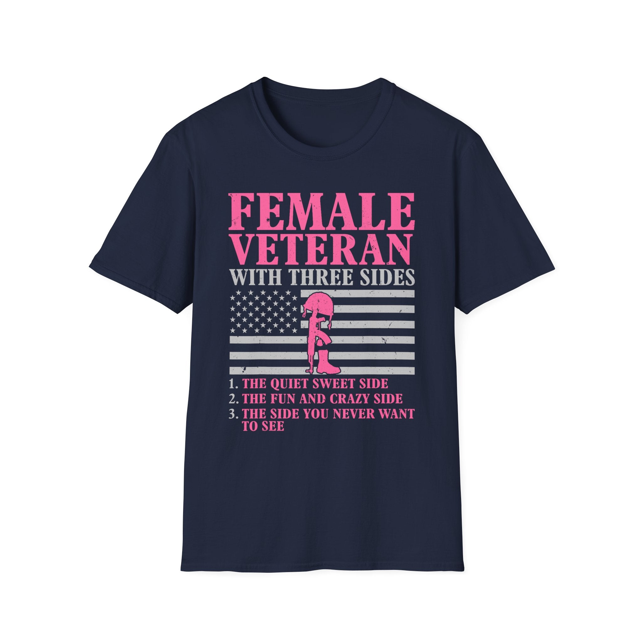 Female Veteran with Three Sides T-Shirt | American Flag, Pink Helmet, Military Pride