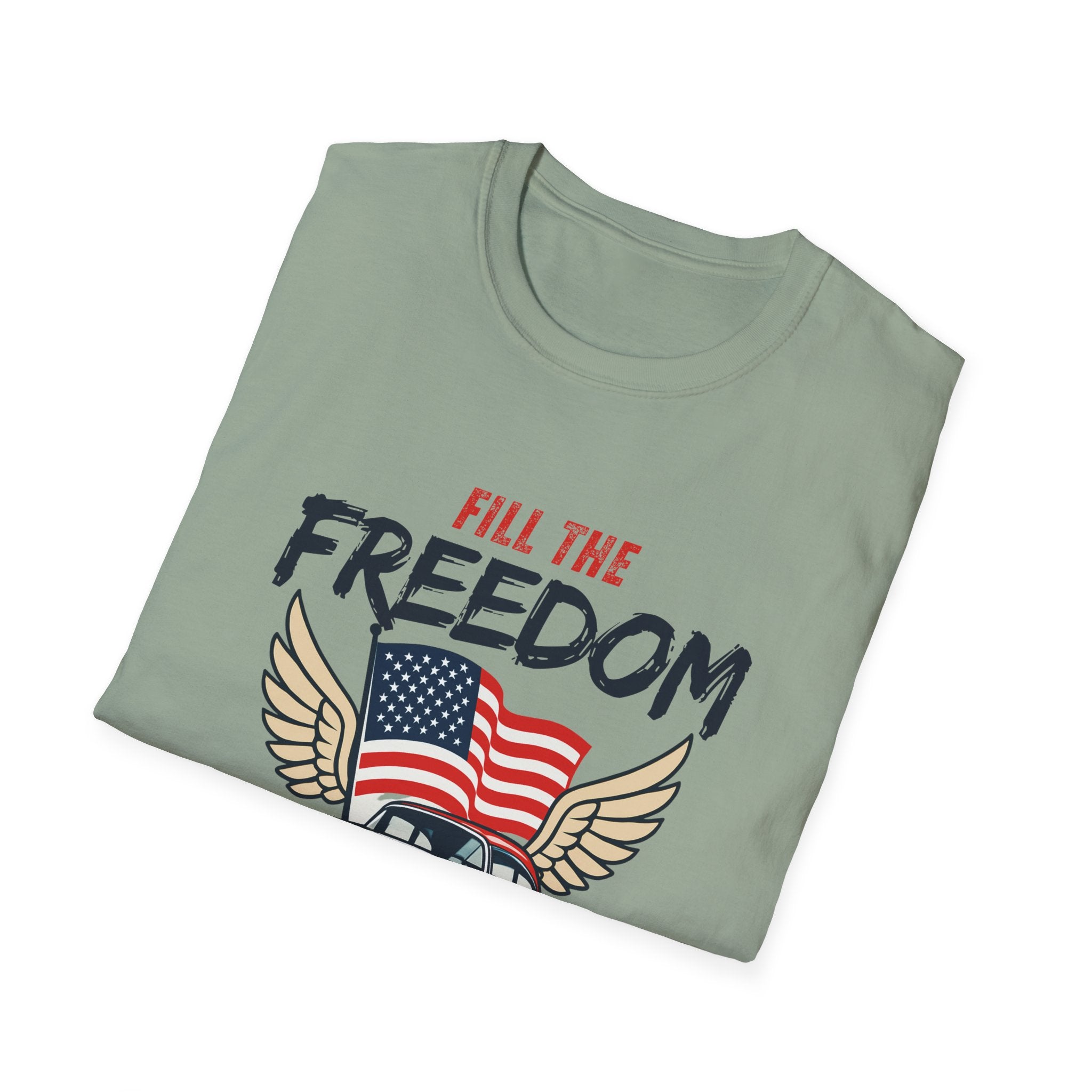 Fill the Freedom Vintage Car T-Shirt | American Flag Wings Chicago to Santa Monica