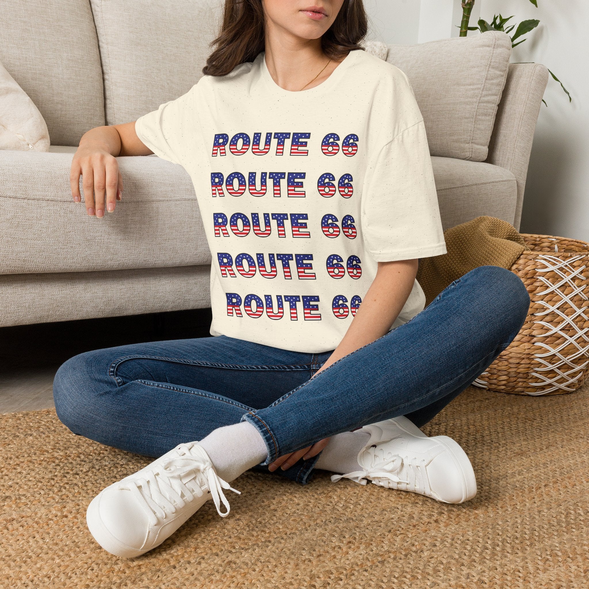 Route 66 Retro Text T-Shirt | American Flag Roadtrip Graphic