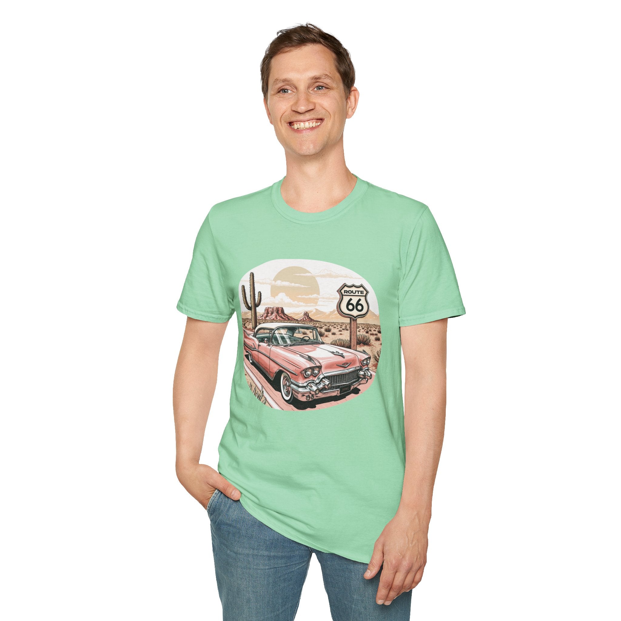 Retro Pink Classic Car Route 66 T-Shirt | Desert Cactus Vintage Roadtrip