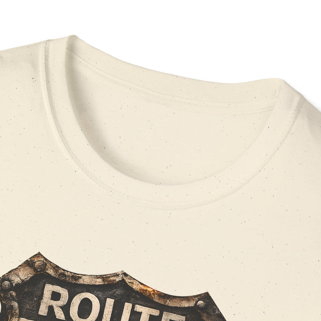 Route 66 Skull Badge T-Shirt | Ride the Legend, Winged Helmet Motorcycle Design