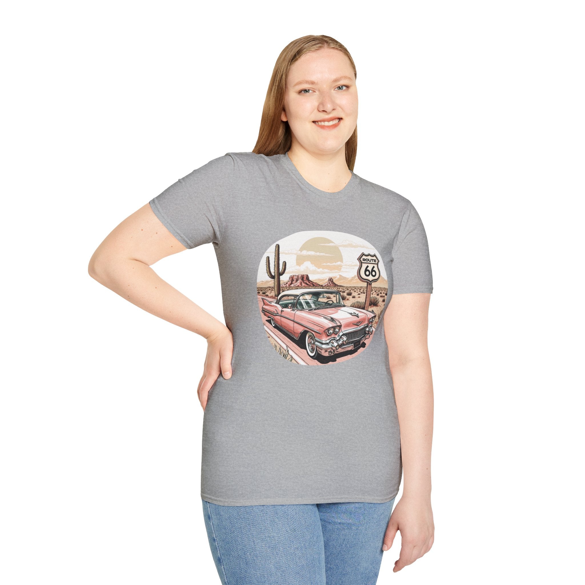 Retro Pink Classic Car Route 66 T-Shirt | Desert Cactus Vintage Roadtrip