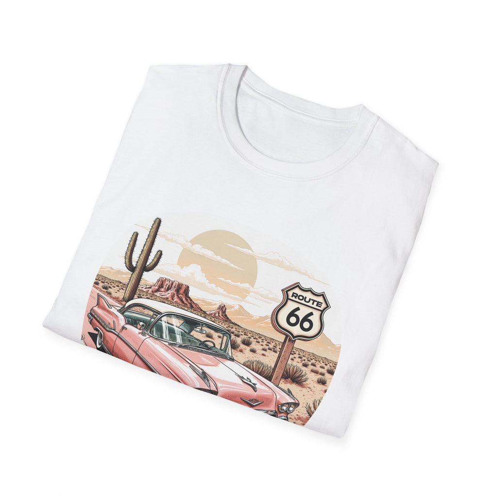 Retro Pink Classic Car Route 66 T-Shirt | Desert Cactus Vintage Roadtrip