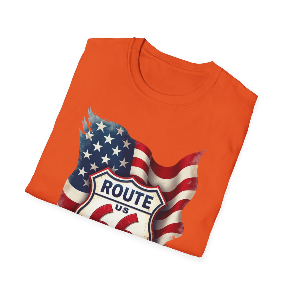 Route 66 Shield with American Flag T-Shirt | Vintage Road Trip Tee