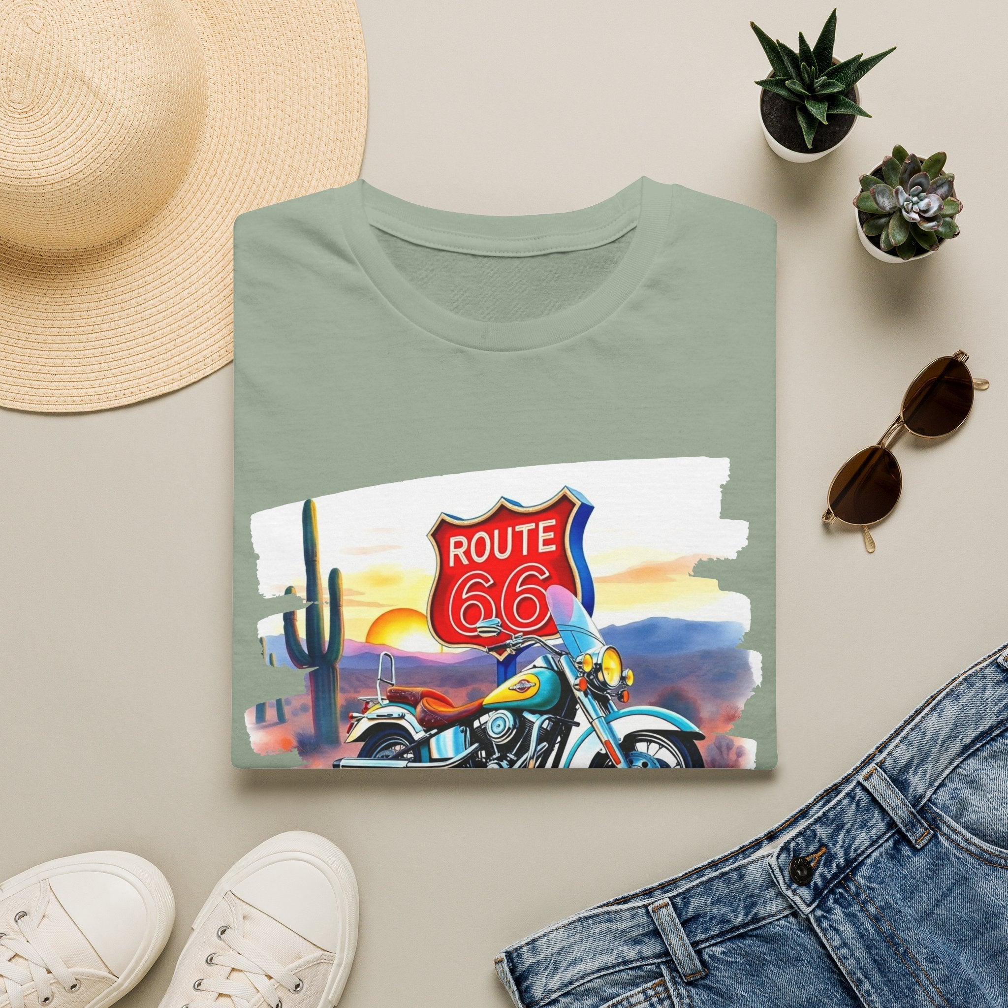 Route 66 Motorcycle T-Shirt | Desert Sunset Biker Graphic