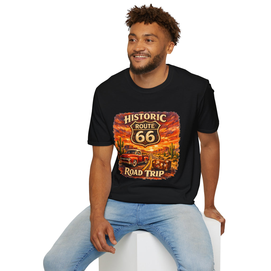 Historic Route 66 Road Trip T-Shirt | Vintage Car Desert Sunset