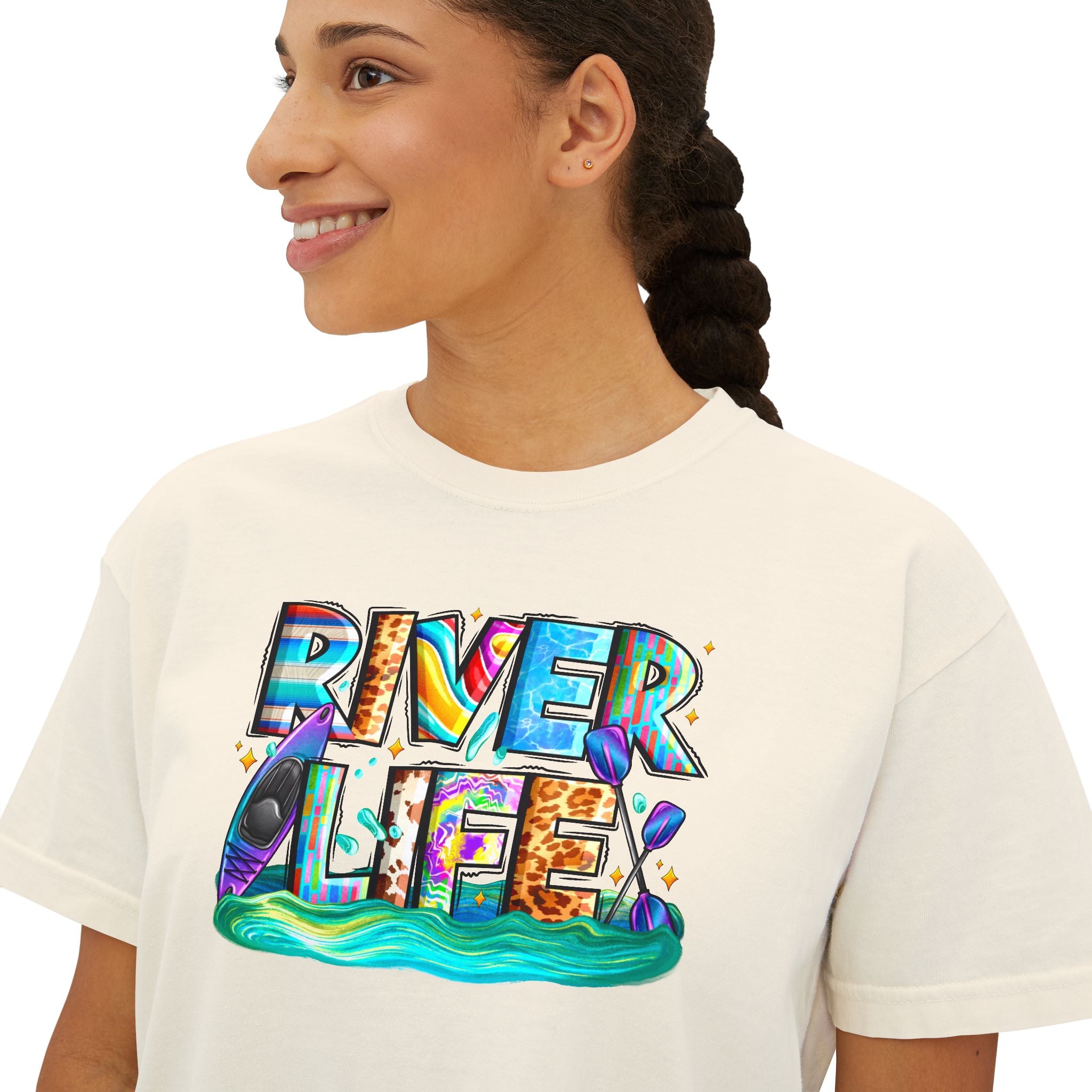 River Life boxy tee | colorful river lettering, kayak, fishing graphics