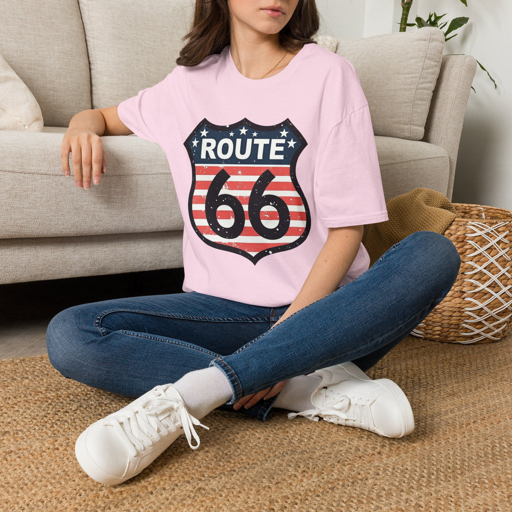 Route 66 Shield T-Shirt | American Flag Vintage Road Sign