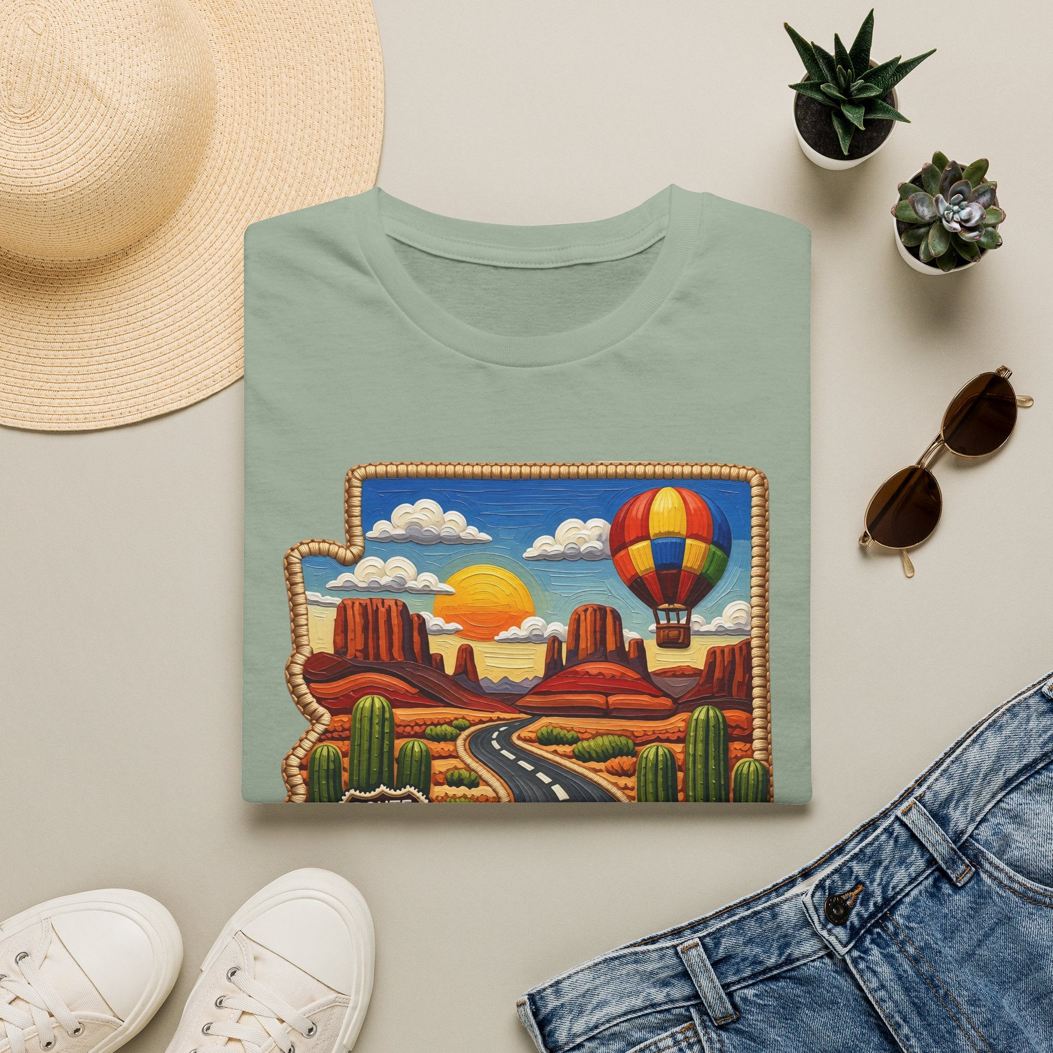 Arizona Route 66 Desert Road T-Shirt | Hot Air Balloon Southwestern Scene