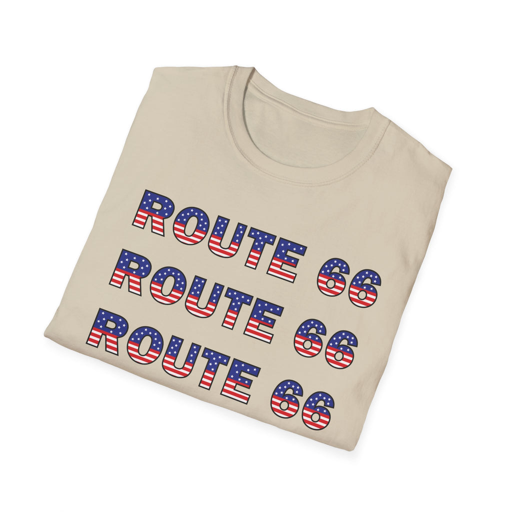 Route 66 Retro Text T-Shirt | American Flag Roadtrip Graphic