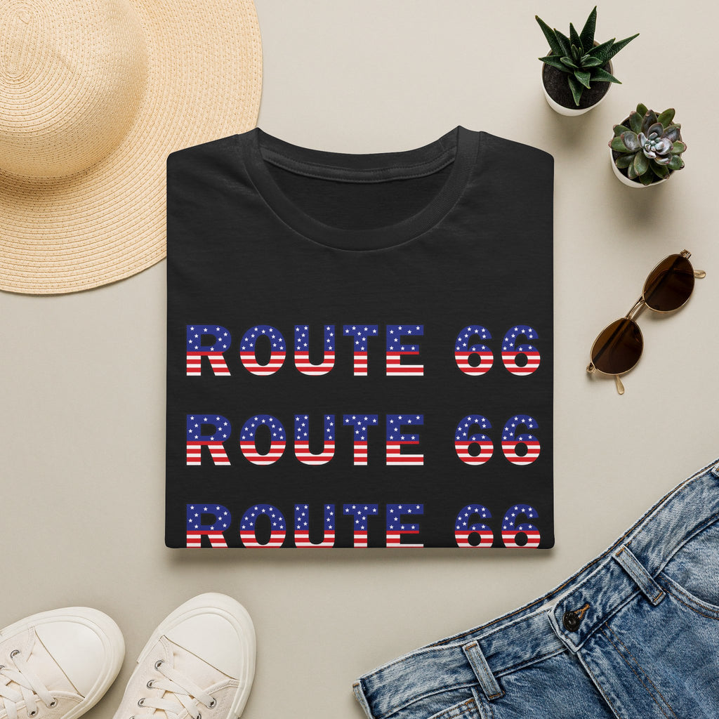 Route 66 Retro Text T-Shirt | American Flag Roadtrip Graphic