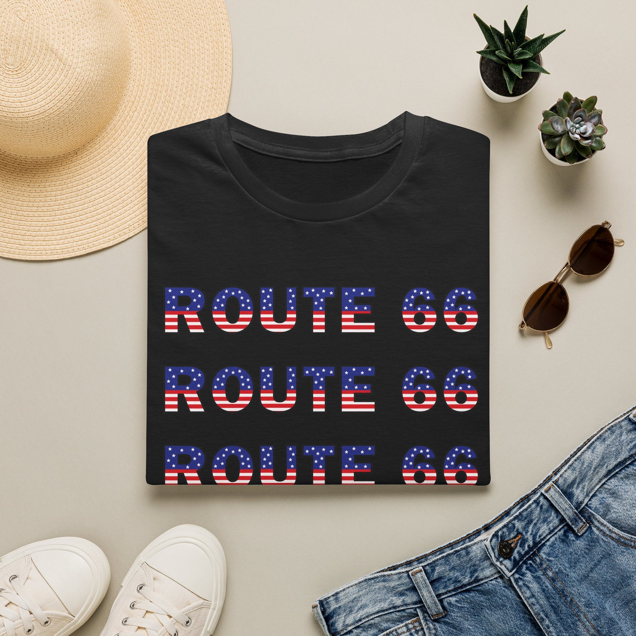 Route 66 Retro Text T-Shirt | American Flag Roadtrip Graphic