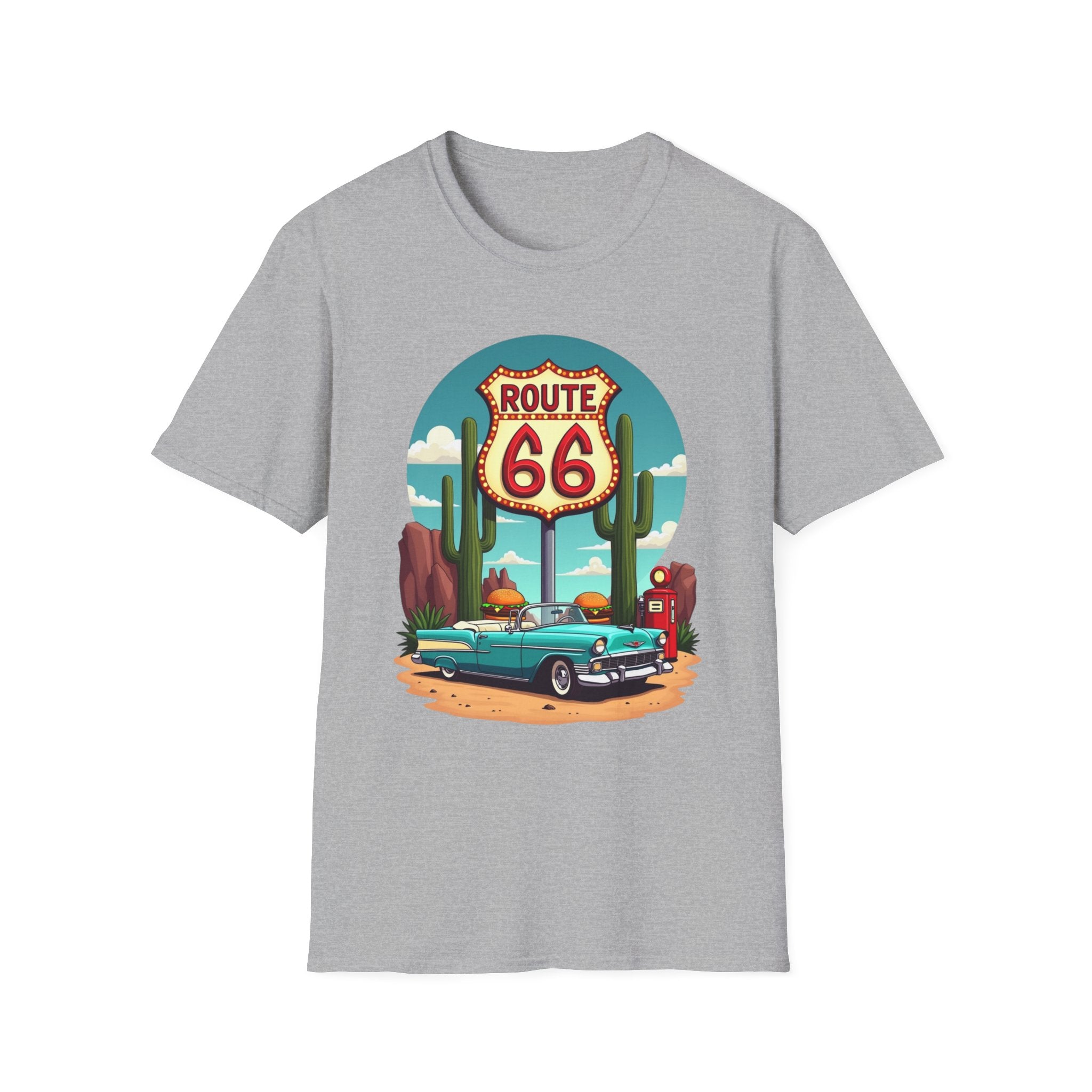 Route 66 Classic Car T-Shirt | Retro Desert Road Sign, Vintage Convertible