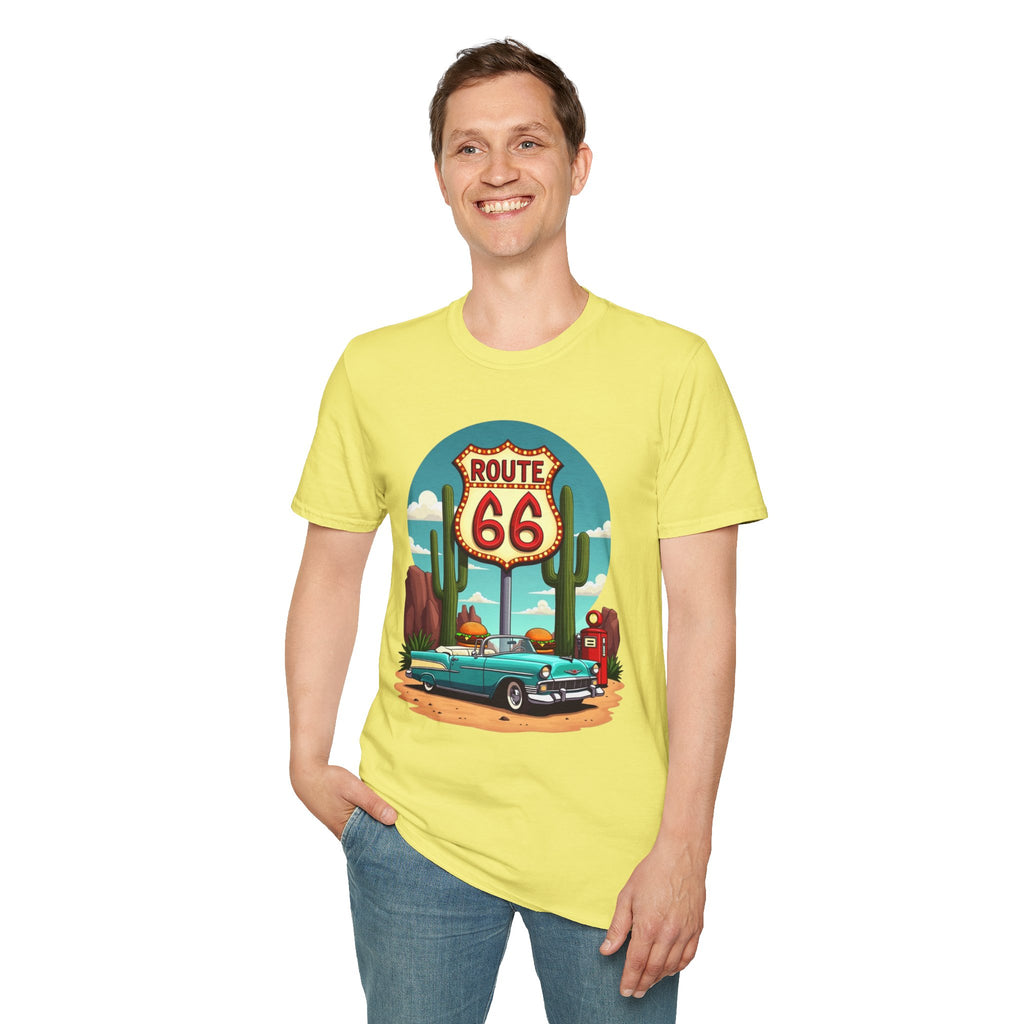 Route 66 Classic Car T-Shirt | Retro Desert Road Sign, Vintage Convertible